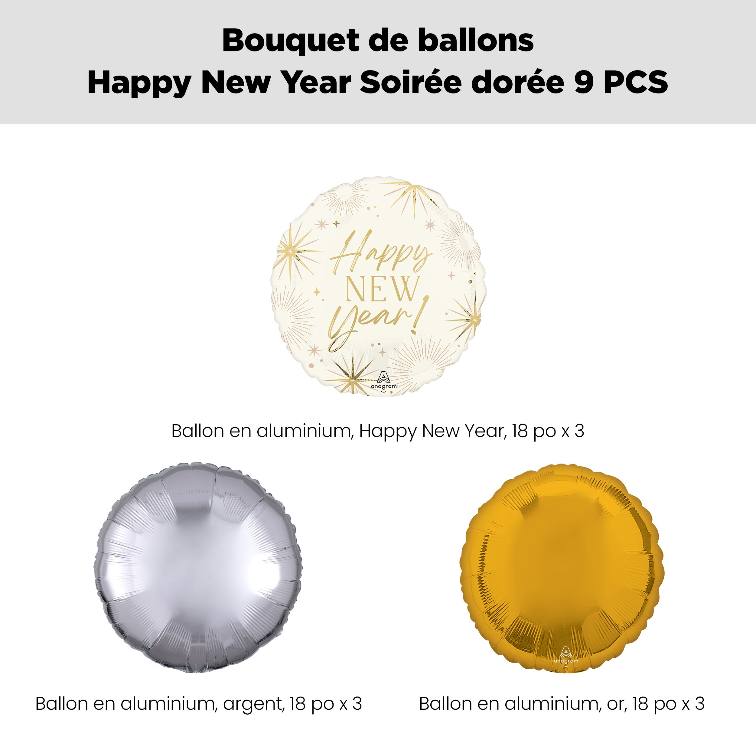 Happy New Year! Bouquet de ballons soirée en or avec ballons ronds en aluminium doré/argenté, paq. 9, gonflage à l'hélium et ruban inclus Front_Flat