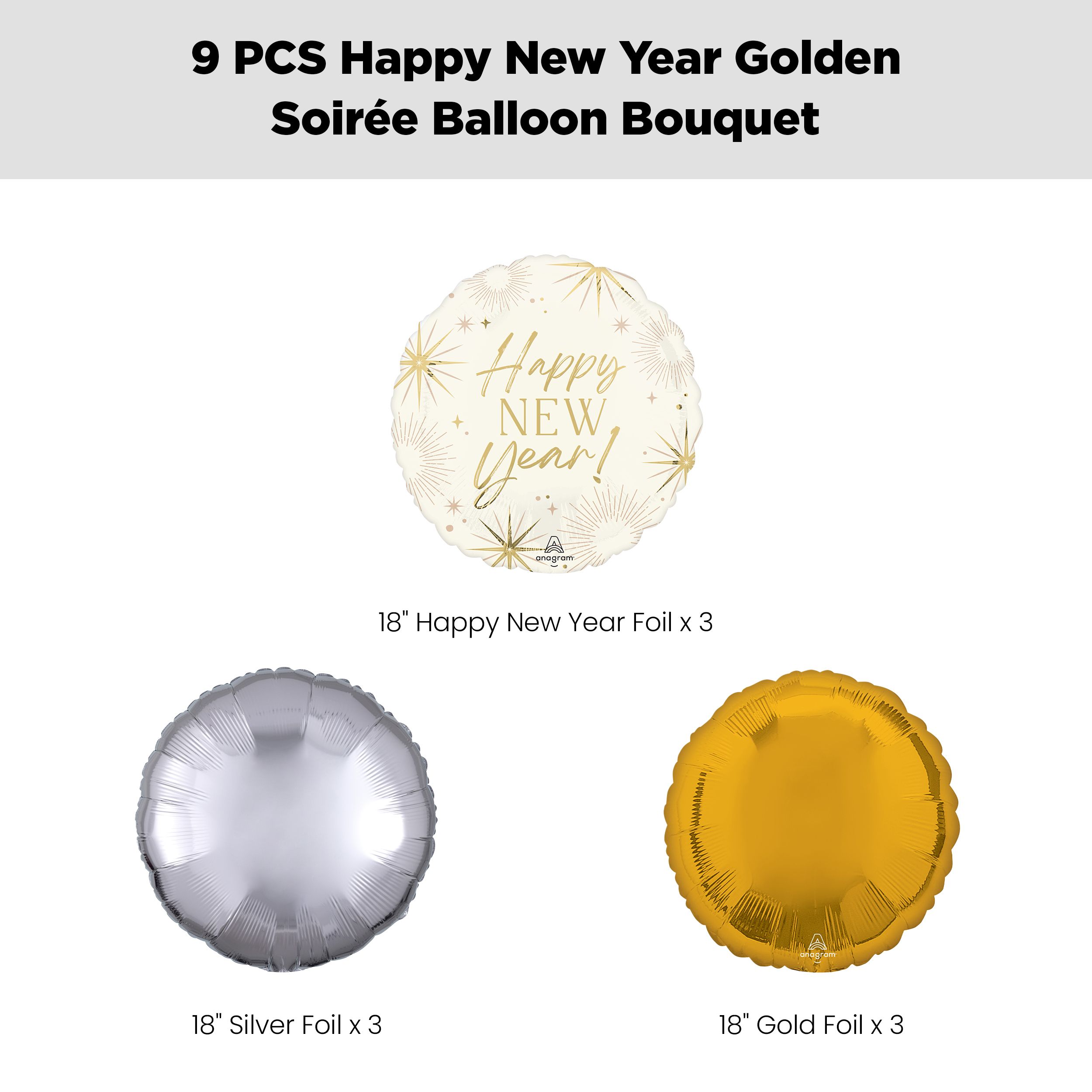 "Happy New Year!" Golden Soiree Balloon Bouquet with Round Foil Balloons, Silver/Gold, 9-pk, Helium Inflation & Ribbon Included Front_Flat