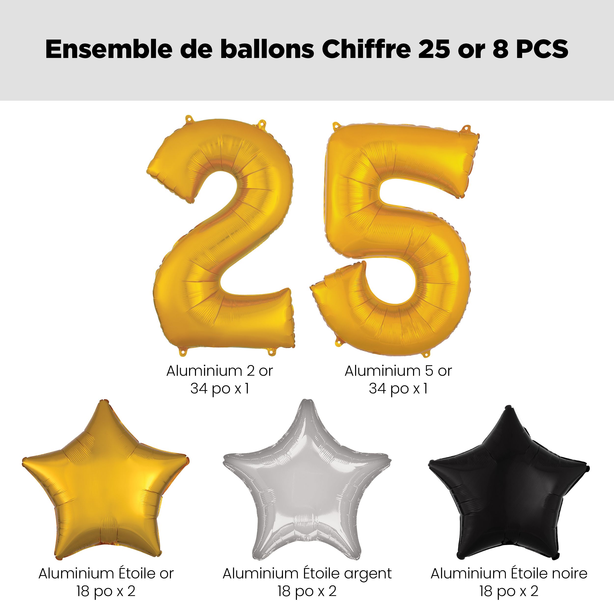 Bouquet de ballons, chiffre 25 doré avec ballons en aluminium en forme d'étoile, argent/noir/or, paq. 8, gonflage à l'hélium et ruban inclus pour anniversaire Front_Flat