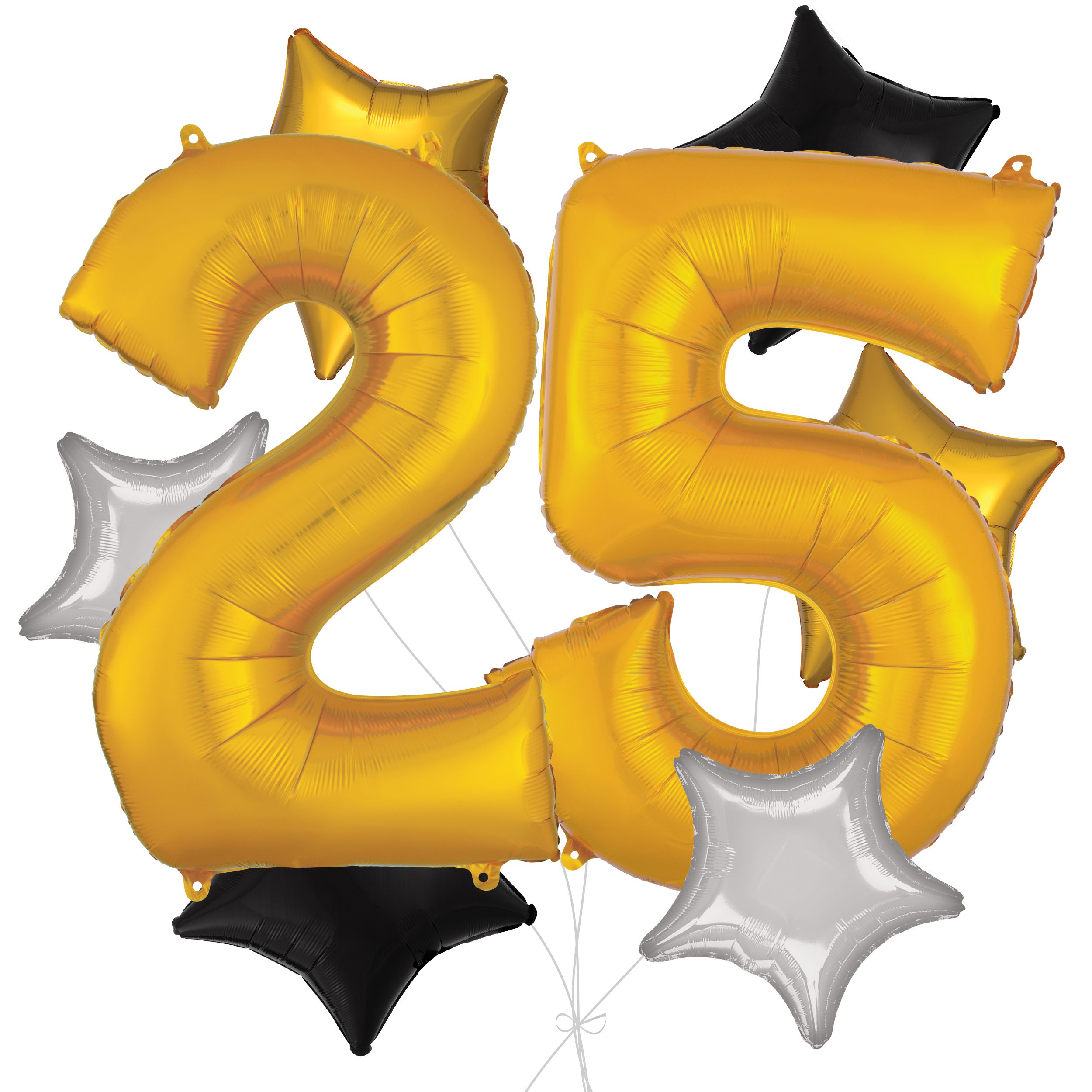 Bouquet de ballons, chiffre 25 doré avec ballons en aluminium en forme d'étoile, argent/noir/or, paq. 8, gonflage à l'hélium et ruban inclus pour anniversaire Front_Flat
