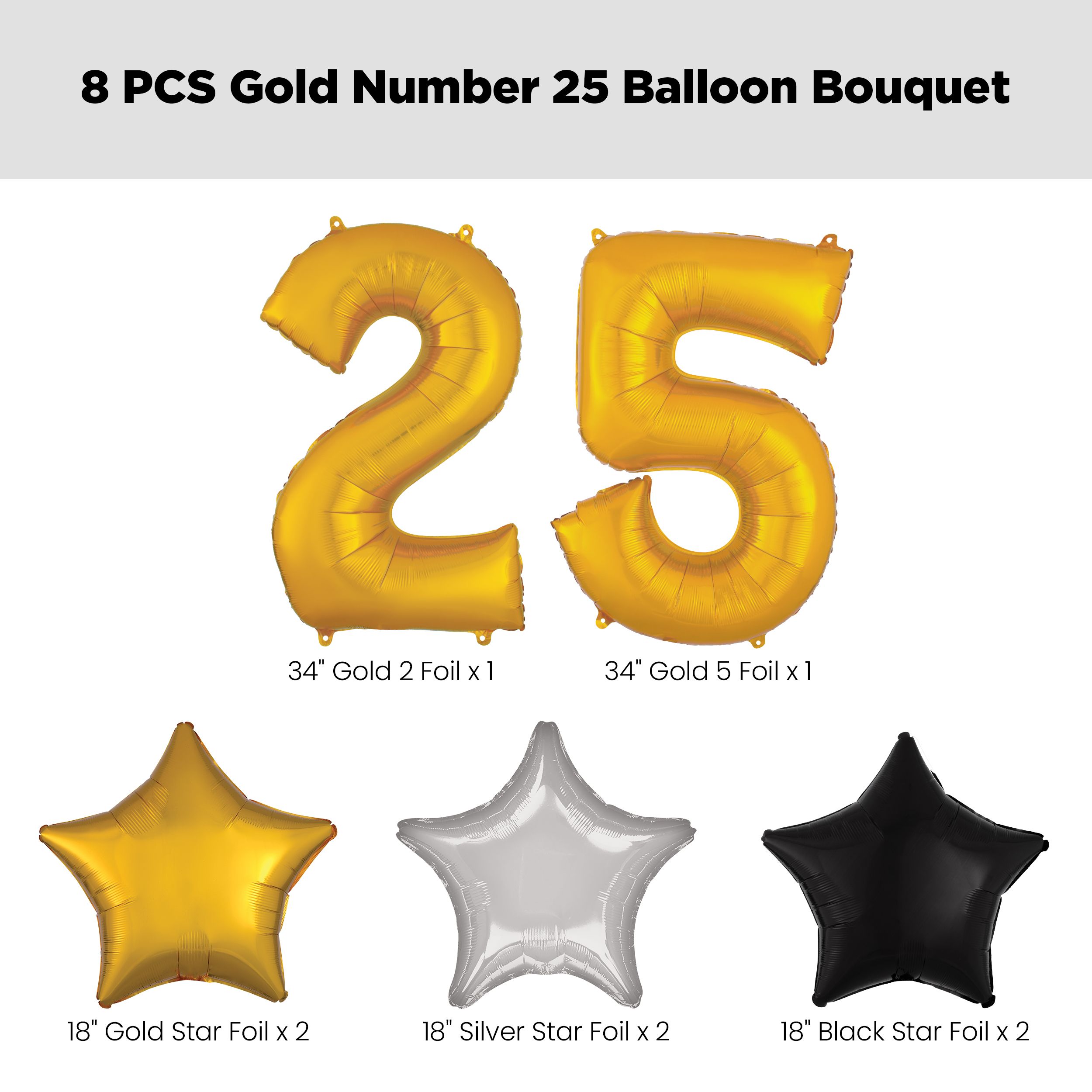 Number "25" Gold Balloon Bouquet with Star Foil Balloons, Silver/Black/Gold, 8-pk, Helium Inflation & Ribbon Included for Birthday/Anniversary Front_Flat