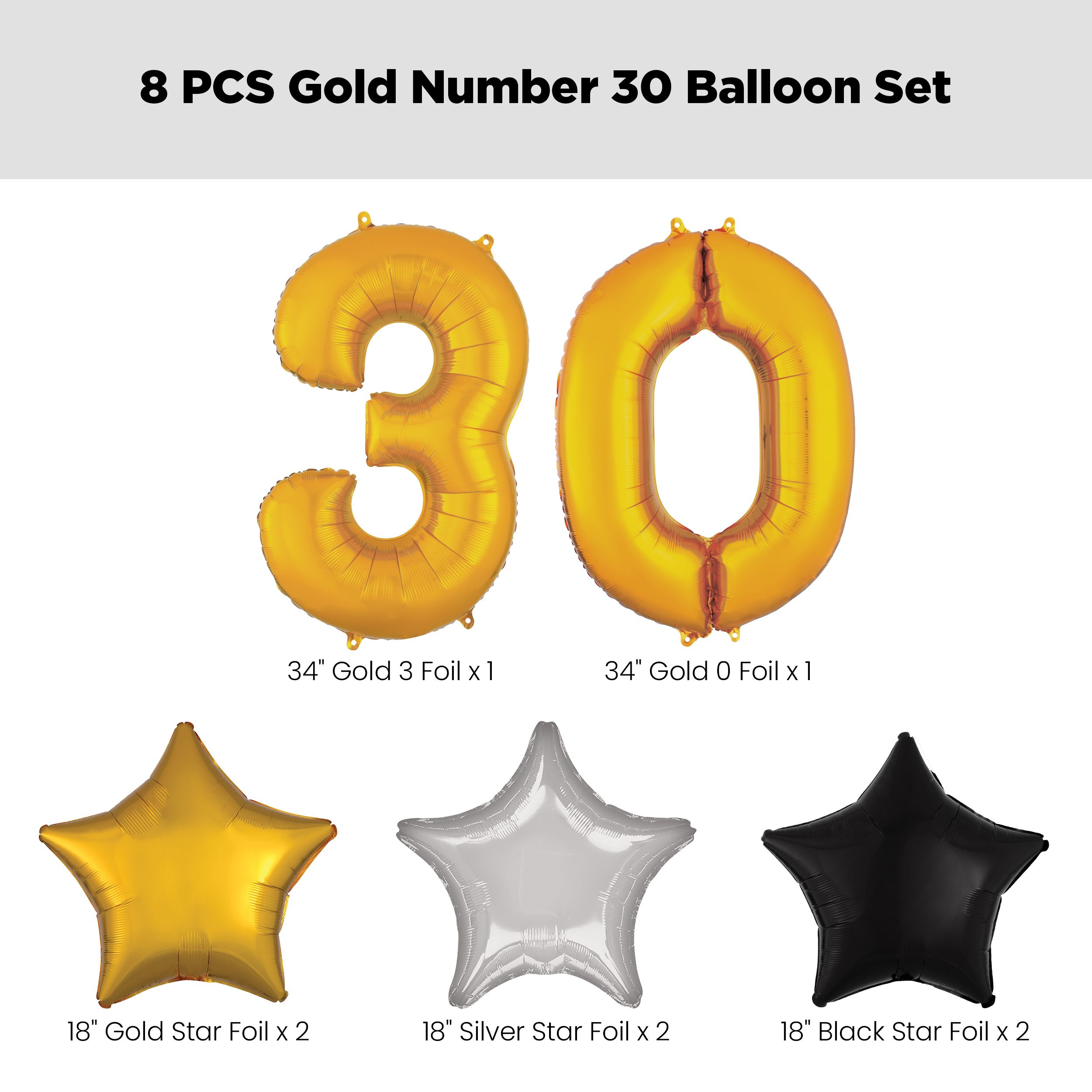 Number "30" Gold Balloon Bouquet with Star Foil Balloons, Silver/Black/Gold, 8-pk, Helium Inflation & Ribbon Included for Birthday/Anniversary Front_Flat