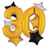 Number "30" Gold Balloon Bouquet with Star Foil Balloons, Silver/Black/Gold, 8-pk, Helium Inflation & Ribbon Included for Birthday/Anniversary Front_Flat