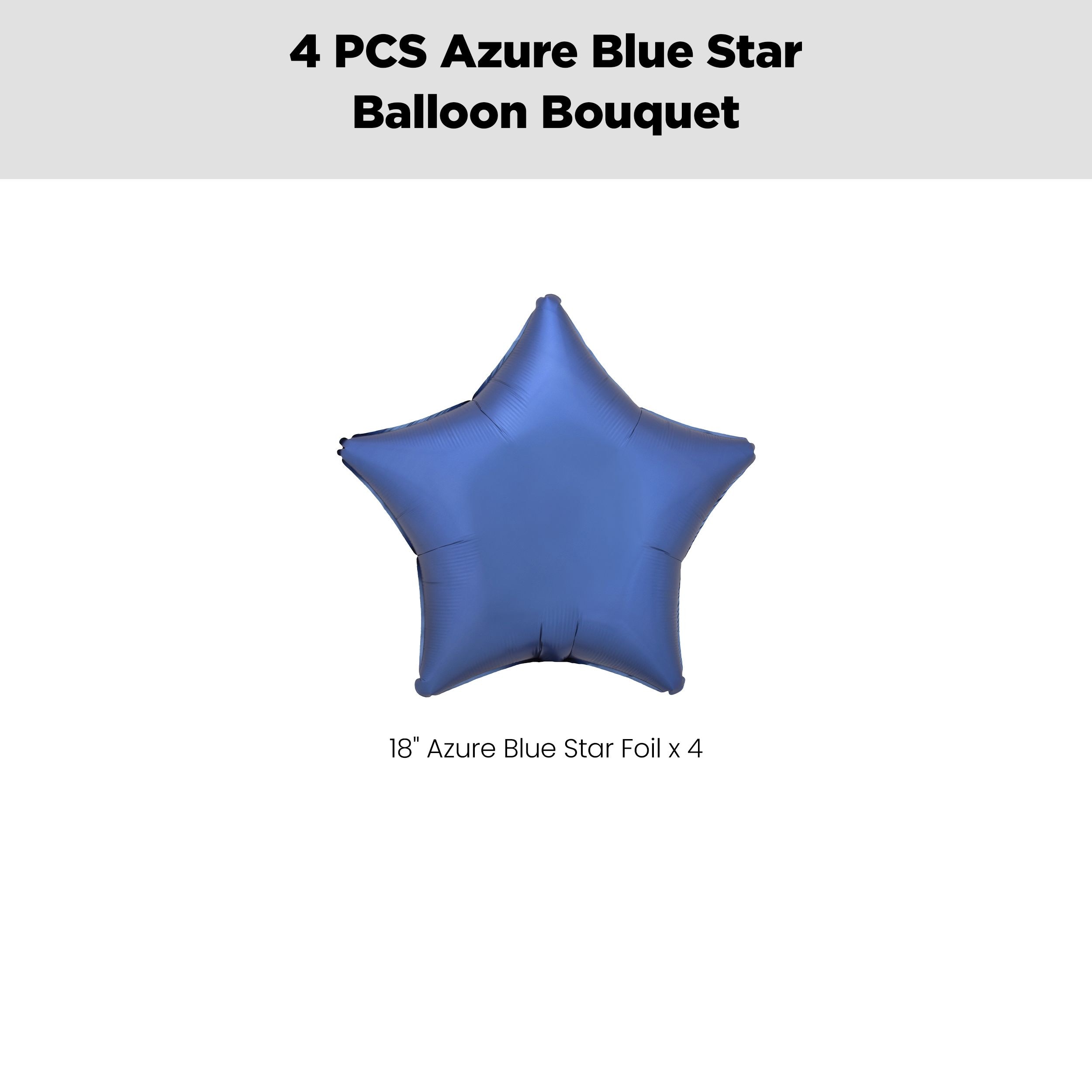 Star Foil Balloon Bouquet, Azure Blue, 4-pk, Helium Inflation & Ribbon Included for Birthday/Special Occasion Front_Flat
