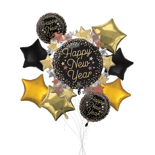 "Happy New Year" Luxe Stars Supershape Balloon Bouquet with Star Foil Balloons, Black/Gold, 9-pk, Helium Inflation & Ribbon Included Front_Flat
