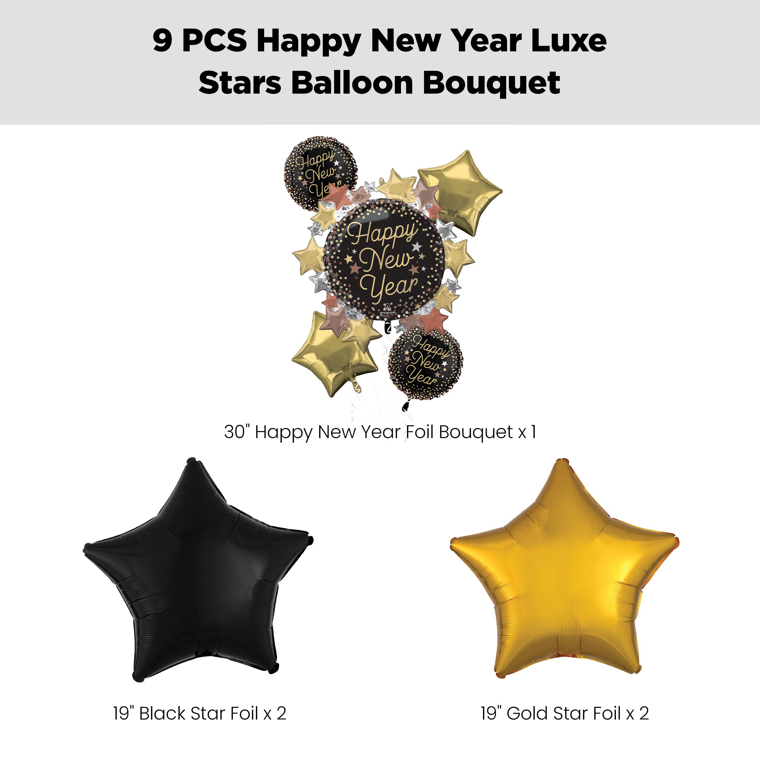 "Happy New Year" Luxe Stars Supershape Balloon Bouquet with Star Foil Balloons, Black/Gold, 9-pk, Helium Inflation & Ribbon Included Front_Flat