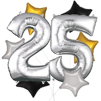 Number "25" Silver Balloon Bouquet with Star Foil Balloons, Silver/Black/Gold, 8-pk, Helium Inflation & Ribbon Included for Birthday/Anniversary