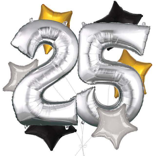 Number "25" Silver Balloon Bouquet with Star Foil Balloons, Silver/Black/Gold, 8-pk, Helium Inflation & Ribbon Included for Birthday/Anniversary Front_Flat