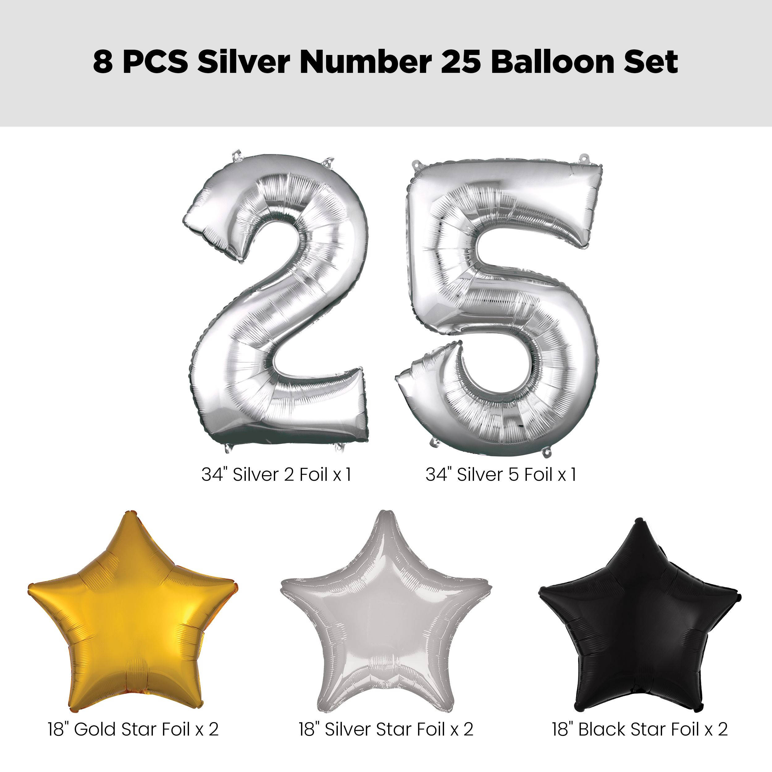 Number "25" Silver Balloon Bouquet with Star Foil Balloons, Silver/Black/Gold, 8-pk, Helium Inflation & Ribbon Included for Birthday/Anniversary Front_Flat