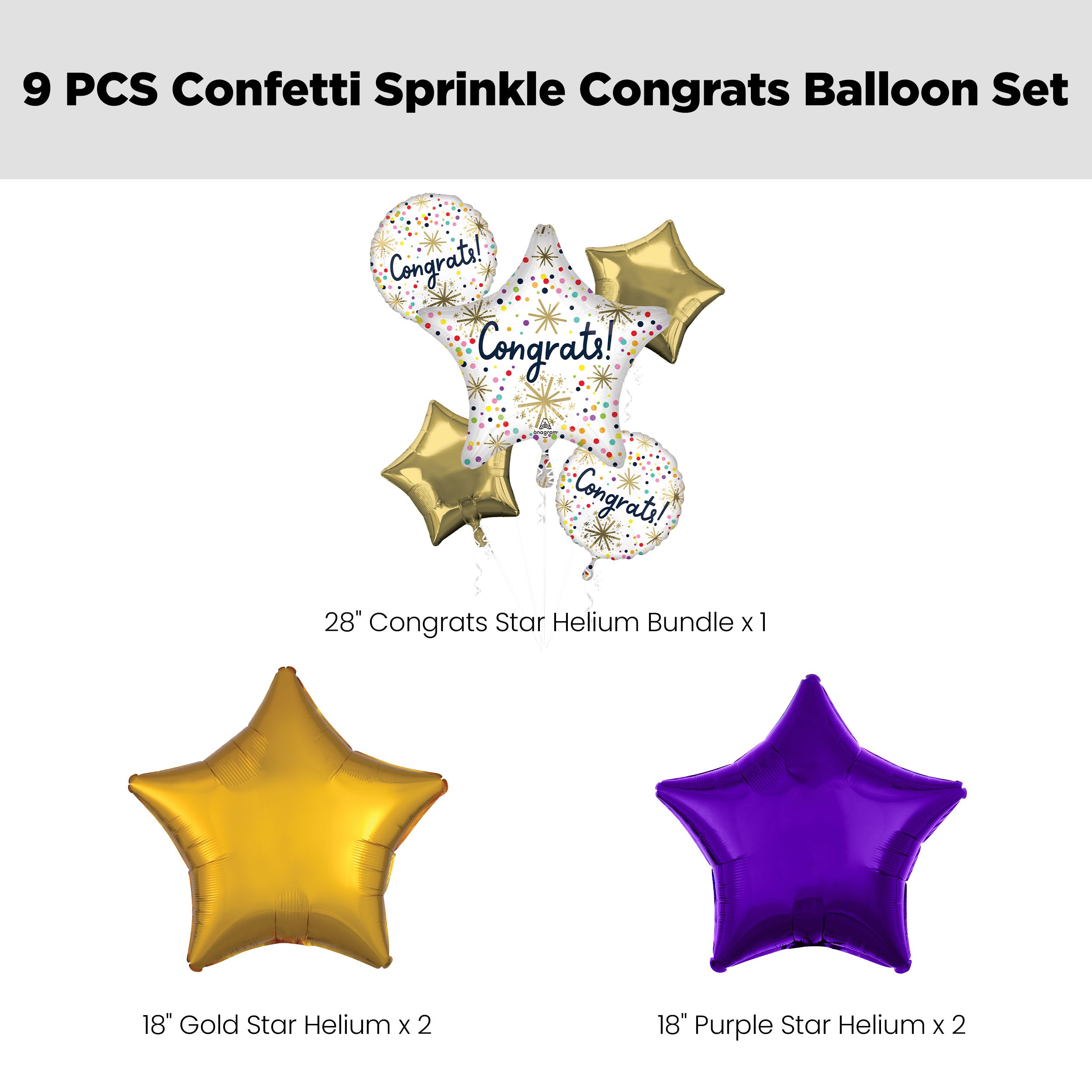 "Congrats" Star Confetti Sprinkle Polka Dot Satin Foil Balloon Bouquet with Star Foil Balloons, Multi-Coloured, 9-pk, Helium Inflation & Ribbon Included Front_Flat