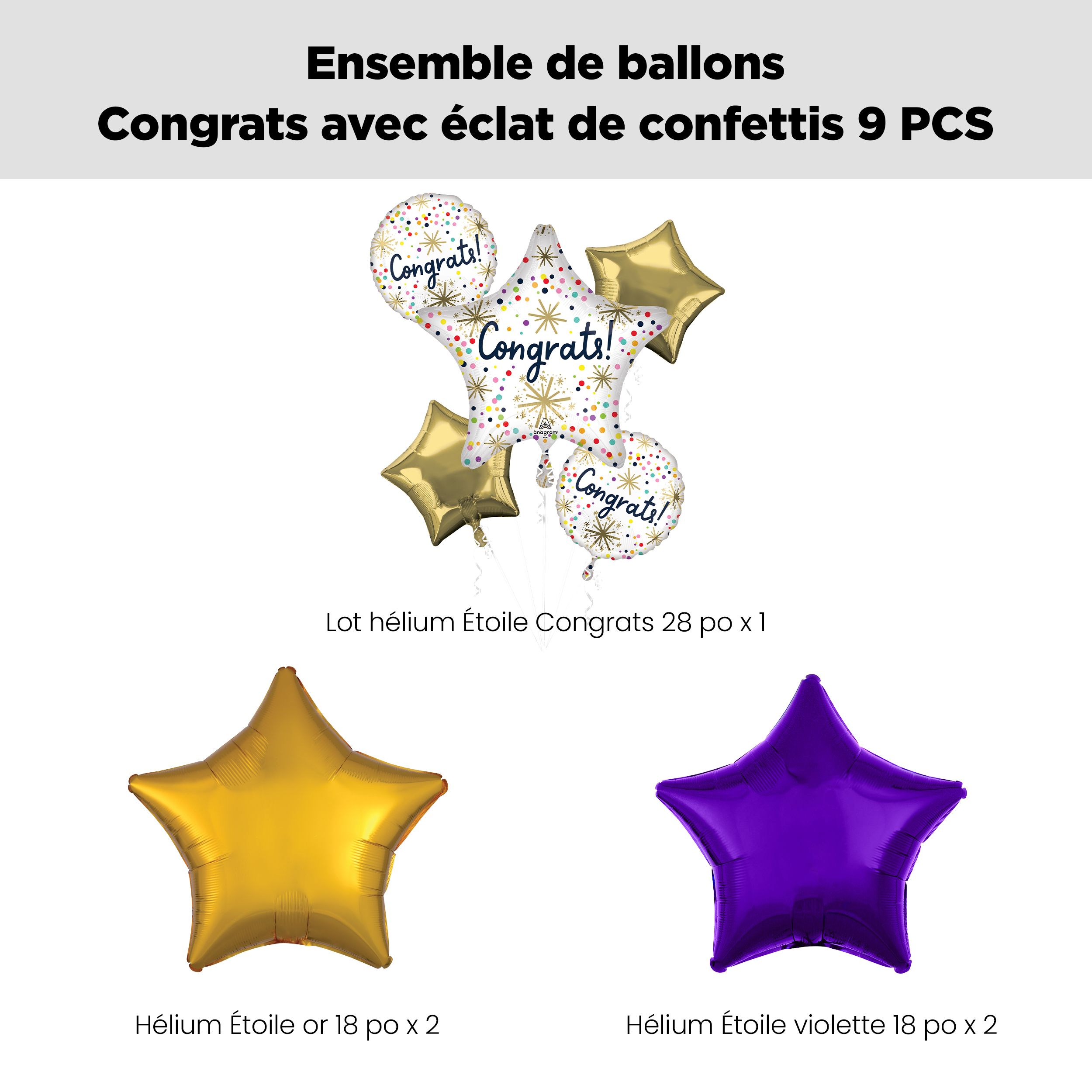 Bouquet de ballons métalliques satinés étoilés et paillettes Congrats avec ballons métalliques étoilés, multicolore, paquet de 9, gonflage à l’hélium et ruban inclus Front_Flat