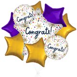 "Congrats" Star Confetti Sprinkle Polka Dot Satin Foil Balloon Bouquet with Star Foil Balloons, Multi-Coloured, 9-pk, Helium Inflation & Ribbon Included Front_Flat