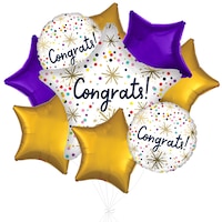 "Congrats" Star Confetti Sprinkle Polka Dot Satin Foil Balloon Bouquet with Star Foil Balloons, Multi-Coloured, 9-pk, Helium Inflation & Ribbon Included Front_Flat