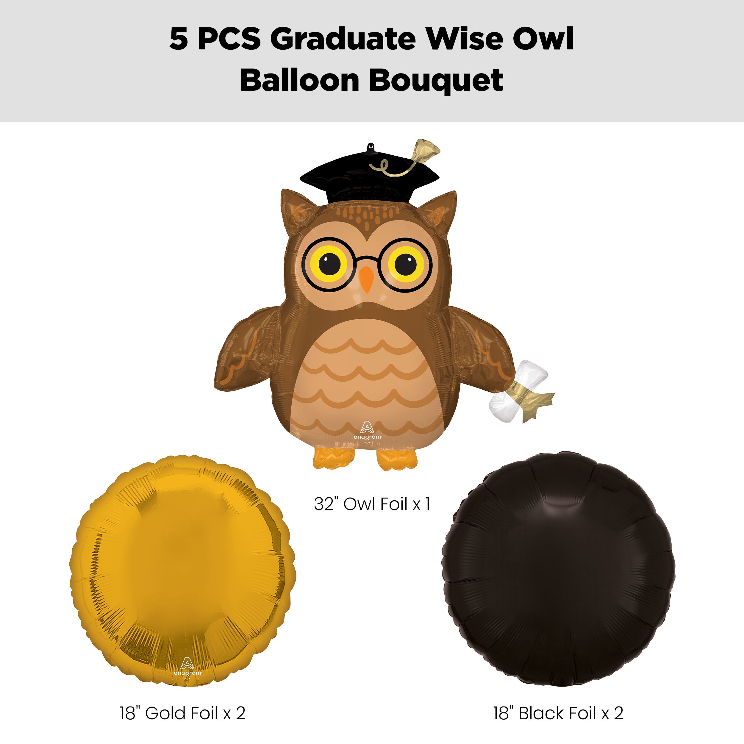 Graduate Wise Owl Supershape Balloon Bouquet with Round Foil Balloons, Black/Gold, 5-pk, Helium Inflation & Ribbon Included Front_Flat