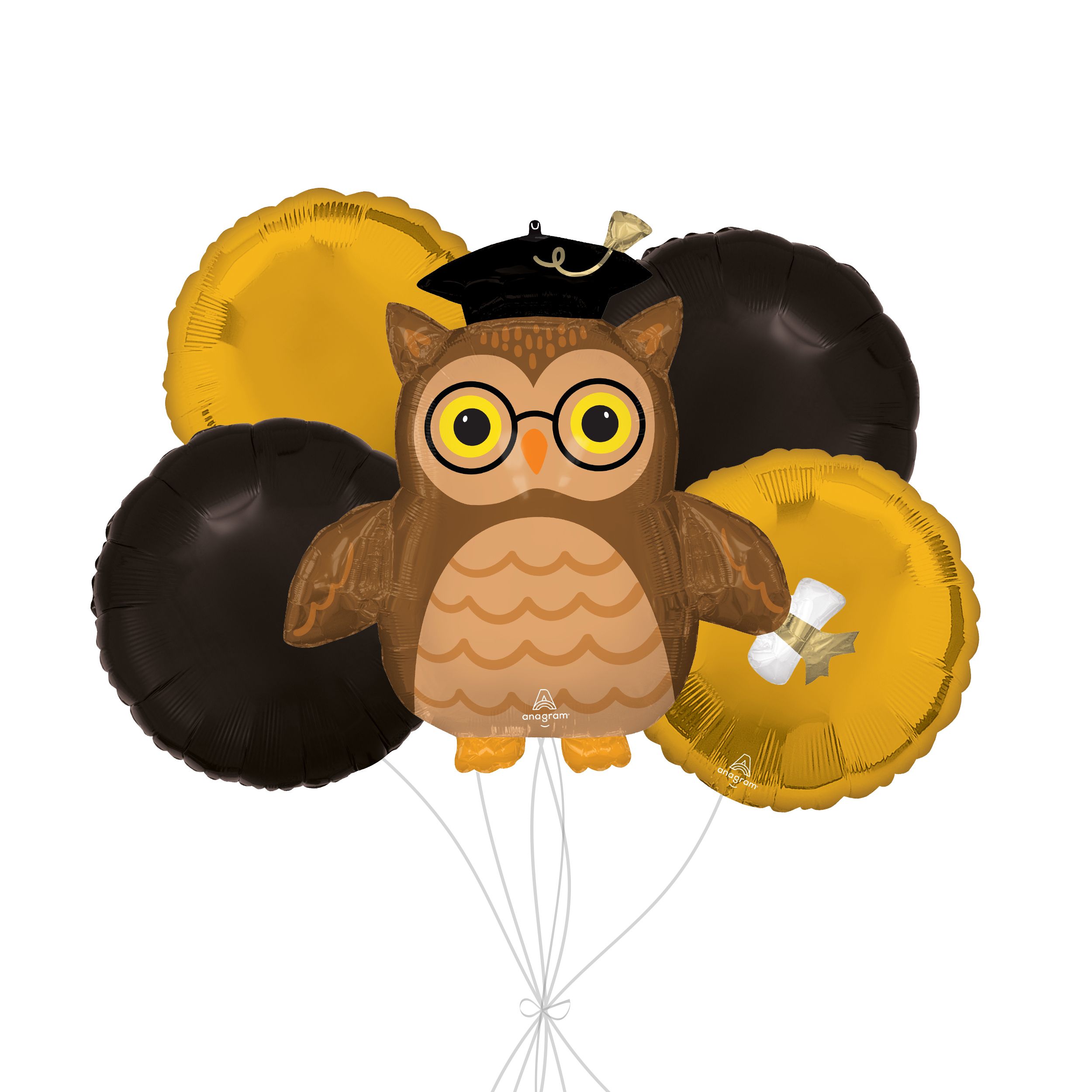 Bouquet de ballons en forme super hibou sage de graduation avec ballons ronds en aluminium noirs et dorés, paq. 5, gonflage à l’hélium et ruban inclus Front_Flat