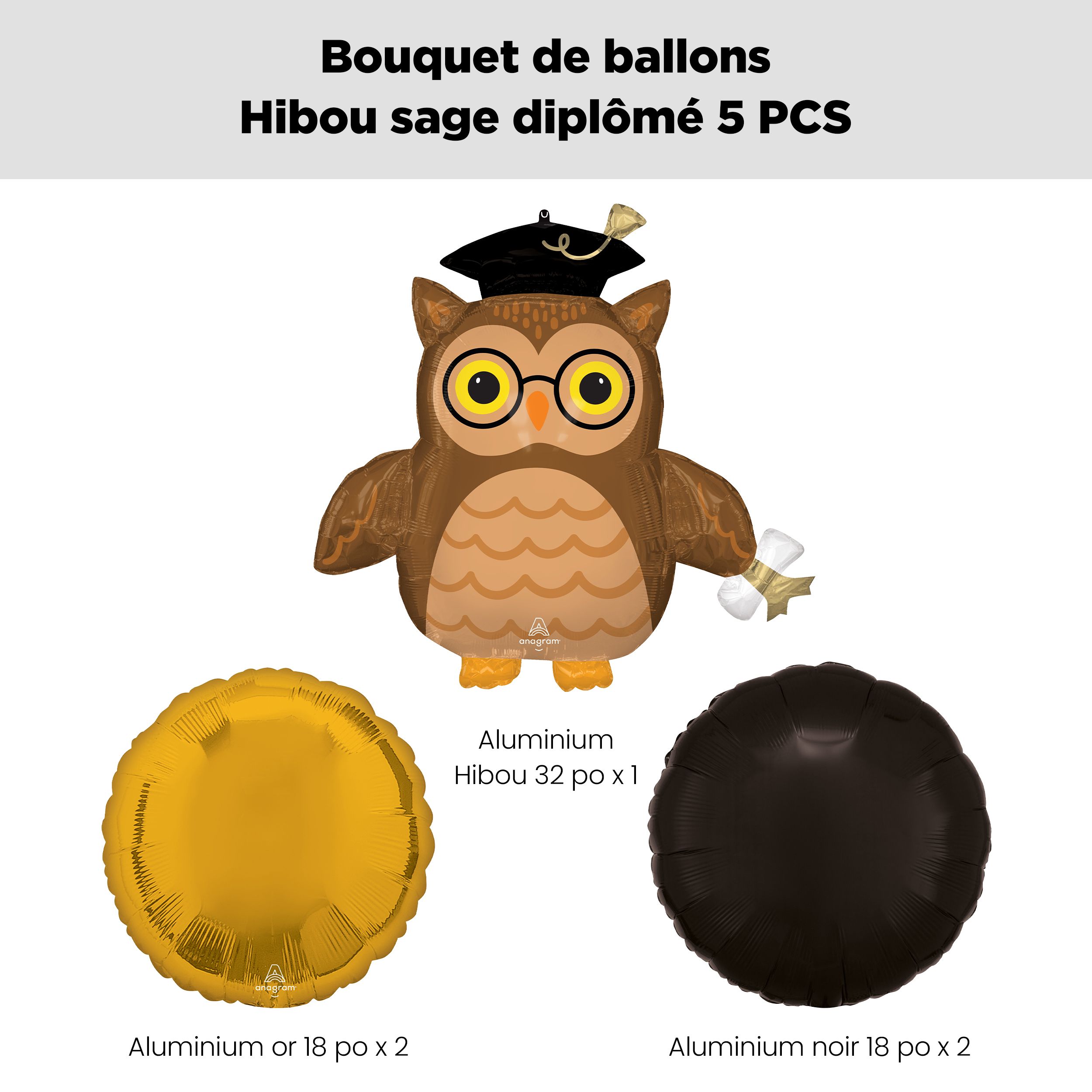 Bouquet de ballons en forme super hibou sage de graduation avec ballons ronds en aluminium noirs et dorés, paq. 5, gonflage à l’hélium et ruban inclus Front_Flat