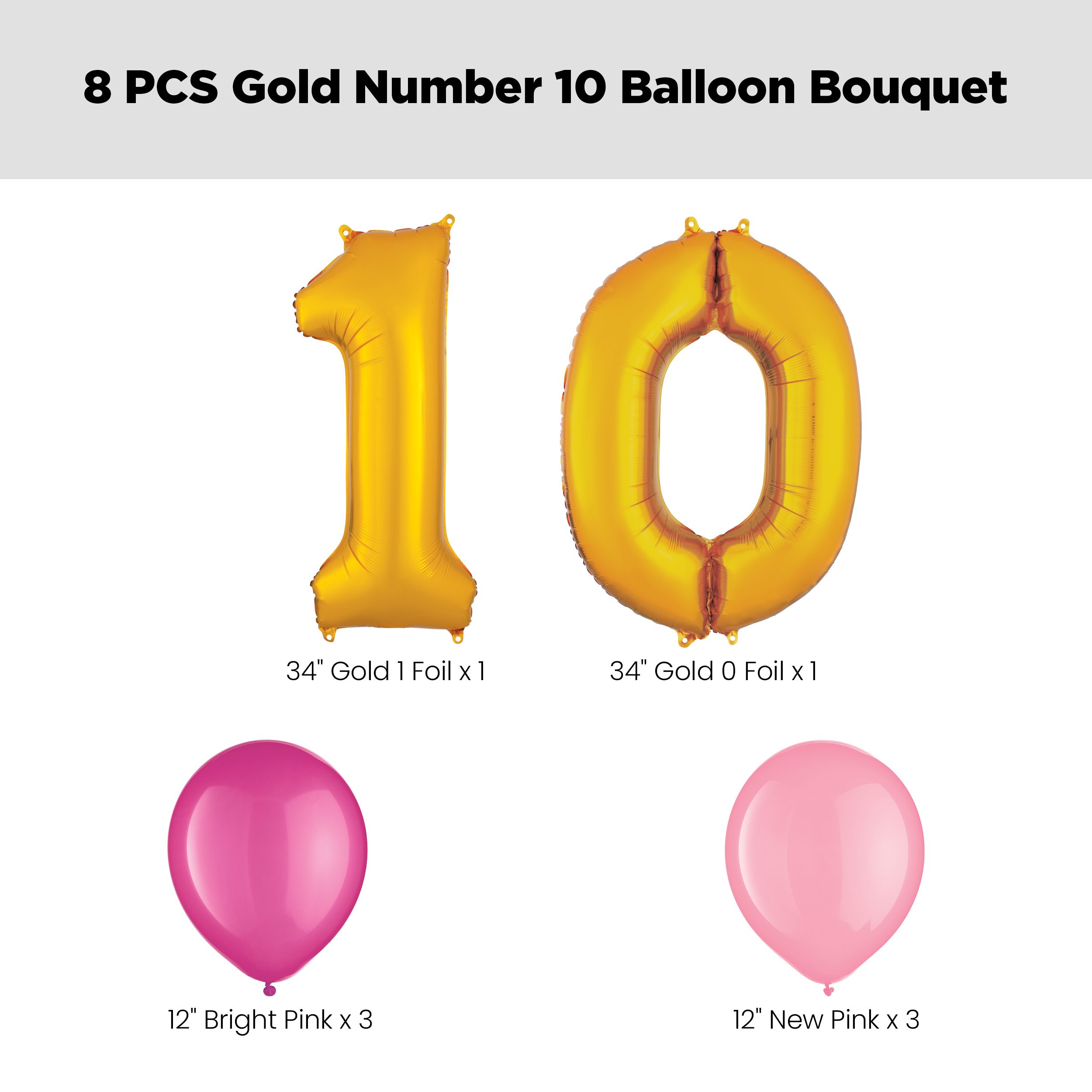 Number "10" Gold Balloon Bouquet with Latex Balloons, Bright Pink/New Pink, 8-pk, Helium Inflation & Ribbon Included for Birthday/Anniversary Front_Flat