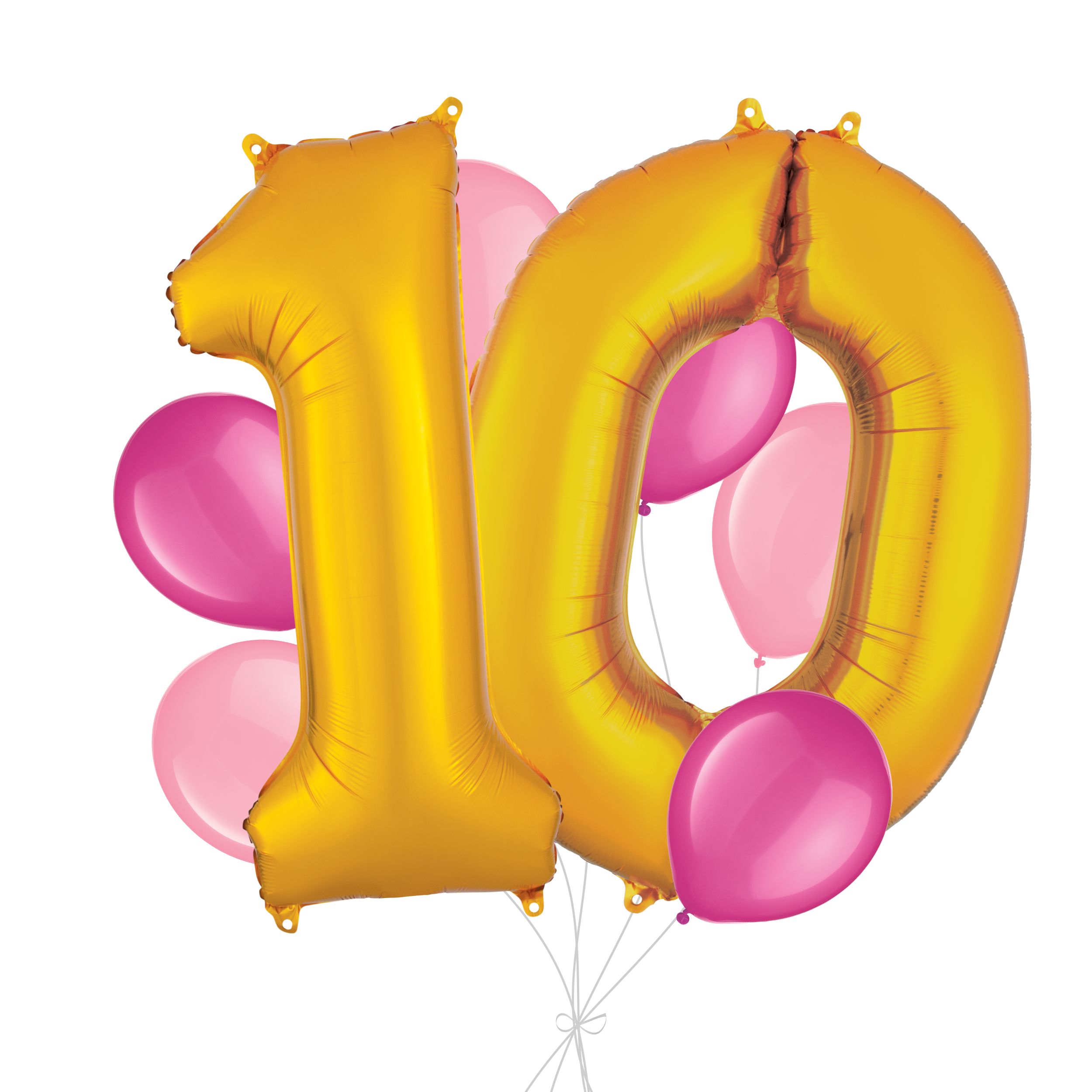 Number "10" Gold Balloon Bouquet with Latex Balloons, Bright Pink/New Pink, 8-pk, Helium Inflation & Ribbon Included for Birthday/Anniversary Front_Flat