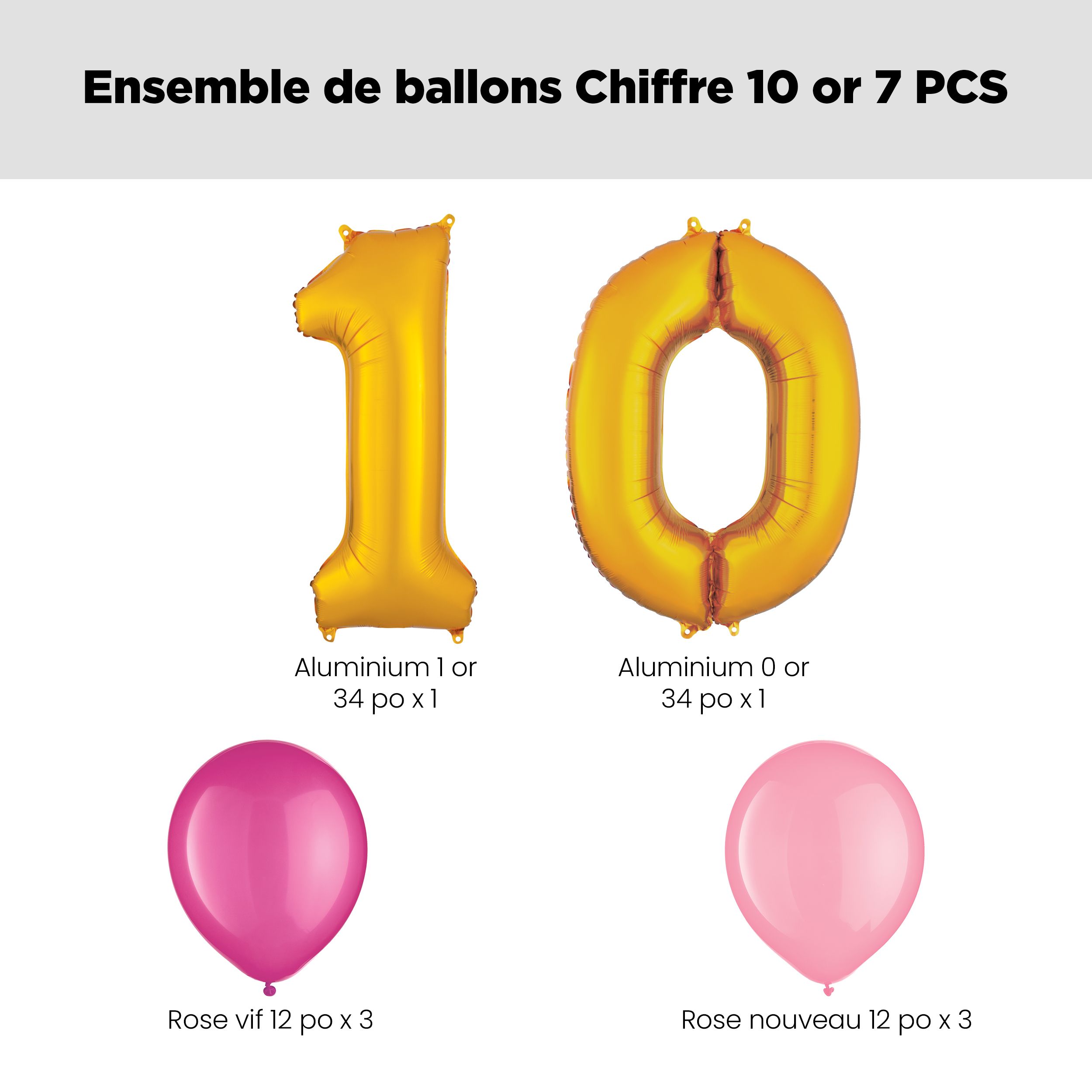 Bouquet de ballons, chiffre 10 doré avec ballons en latex, rose vif/nouveau rose, paq. 8, gonflage à l'hélium et ruban inclus pour anniversaire Front_Flat