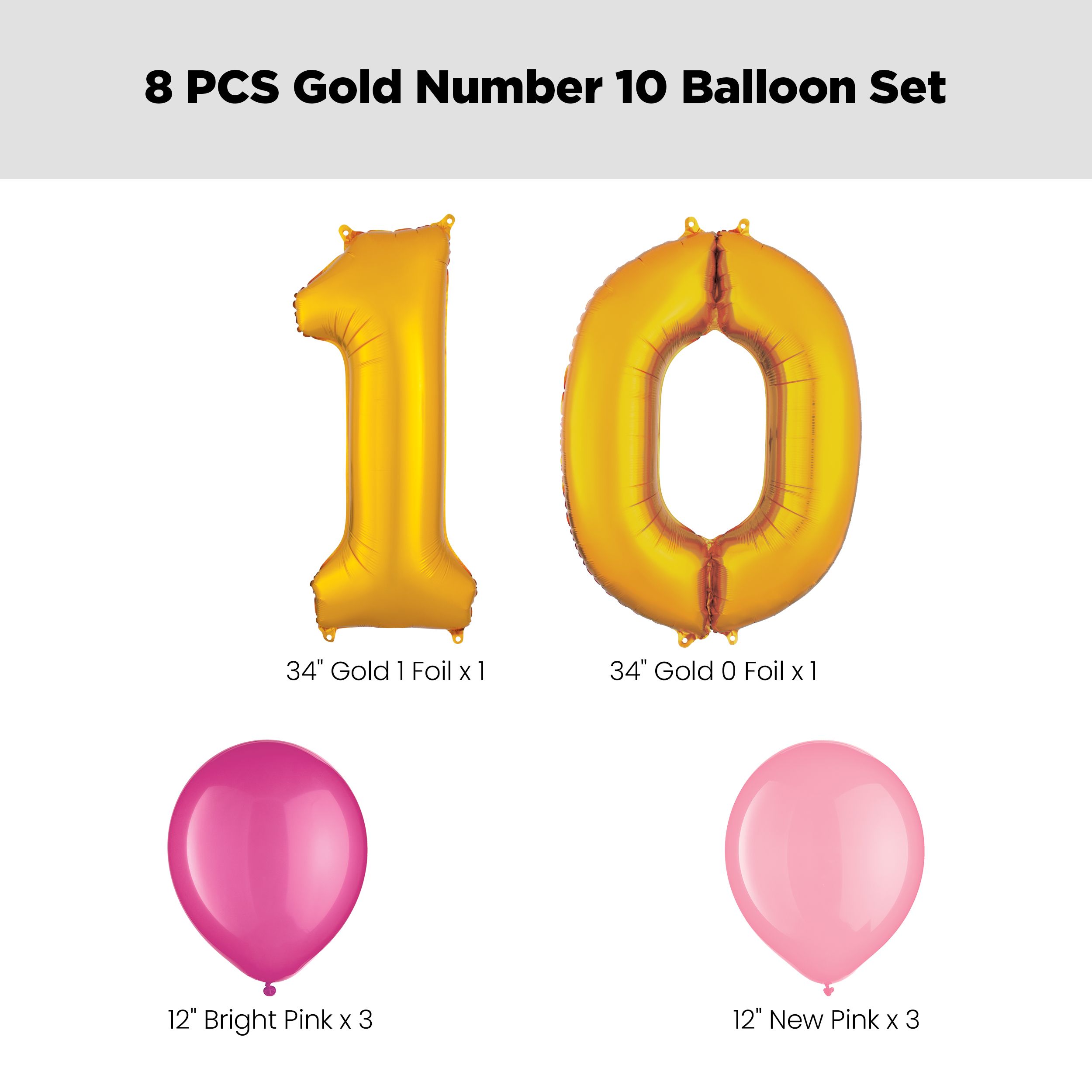 Number "10" Gold Balloon Bouquet with Latex Balloons, Bright Pink/New Pink, 8-pk, Helium Inflation & Ribbon Included for Birthday/Anniversary Front_Flat