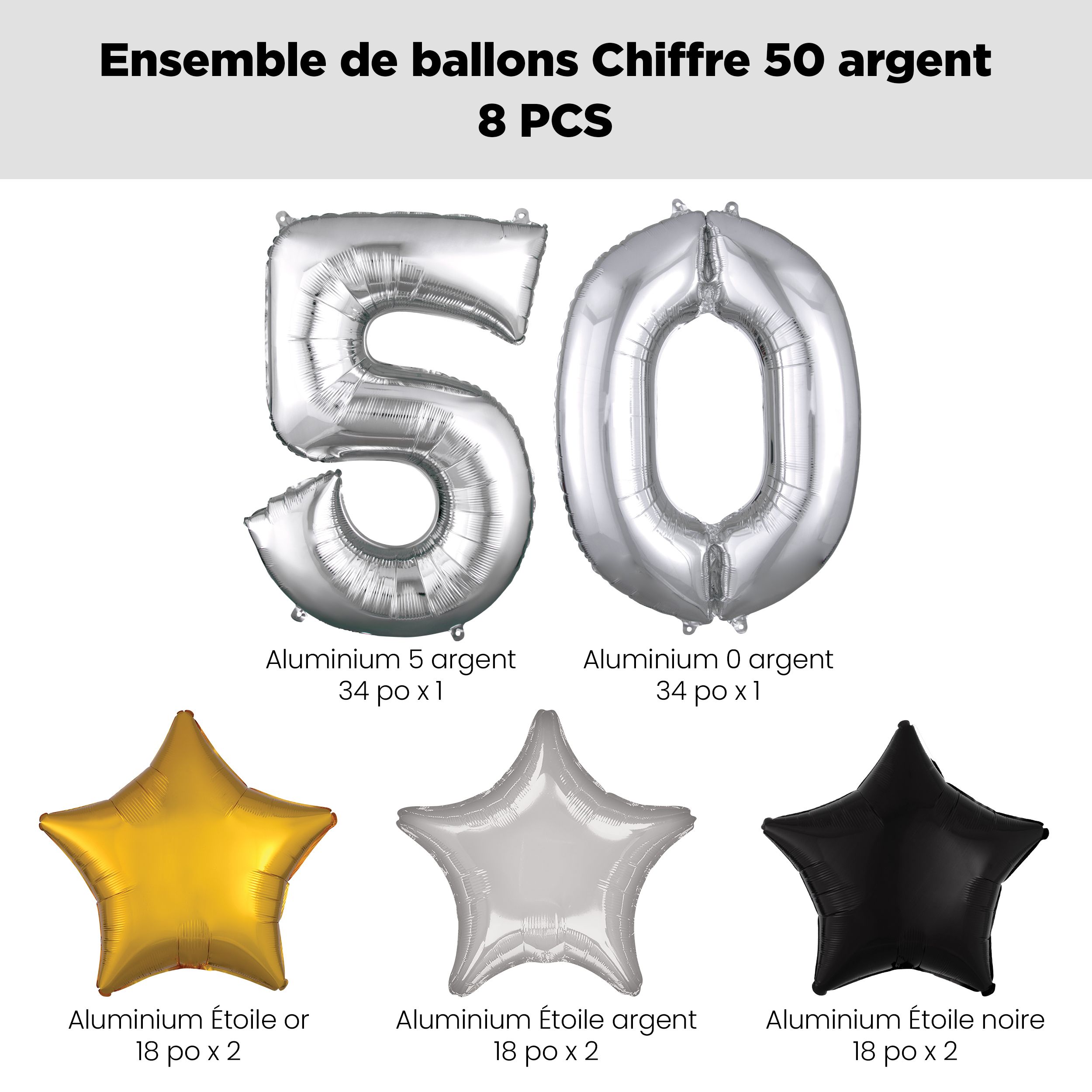 Bouquet de ballons, chiffre 50 argenté avec ballons en aluminium en forme d'étoile, argent/noir/or, paq. 8, gonflage à l'hélium et ruban inclus pour anniversaire Front_Flat