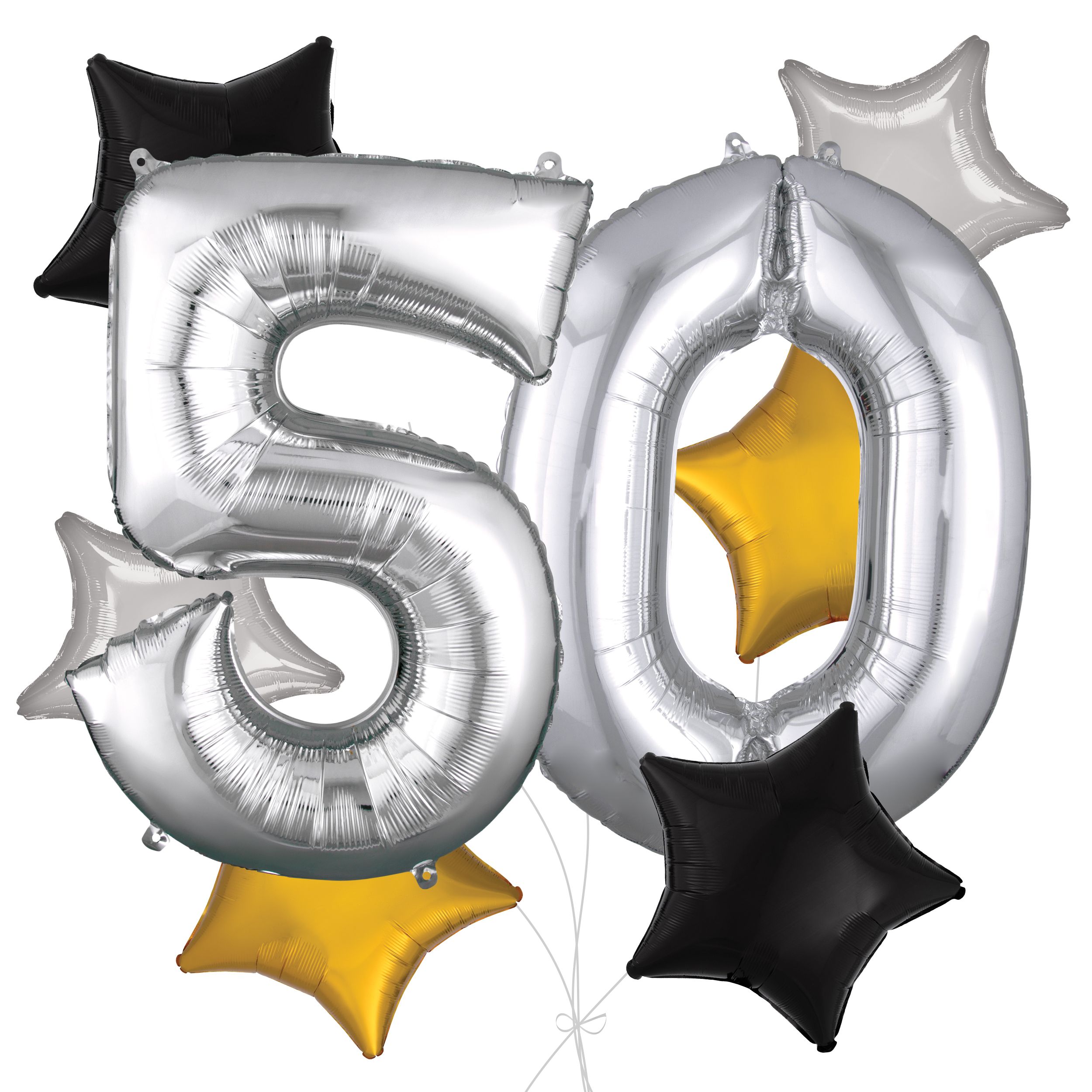 Number "50" Silver Balloon Bouquet with Star Foil Balloons, Silver/Black/Gold, 8-pk, Helium Inflation & Ribbon Included for Birthday/Anniversary Front_Flat