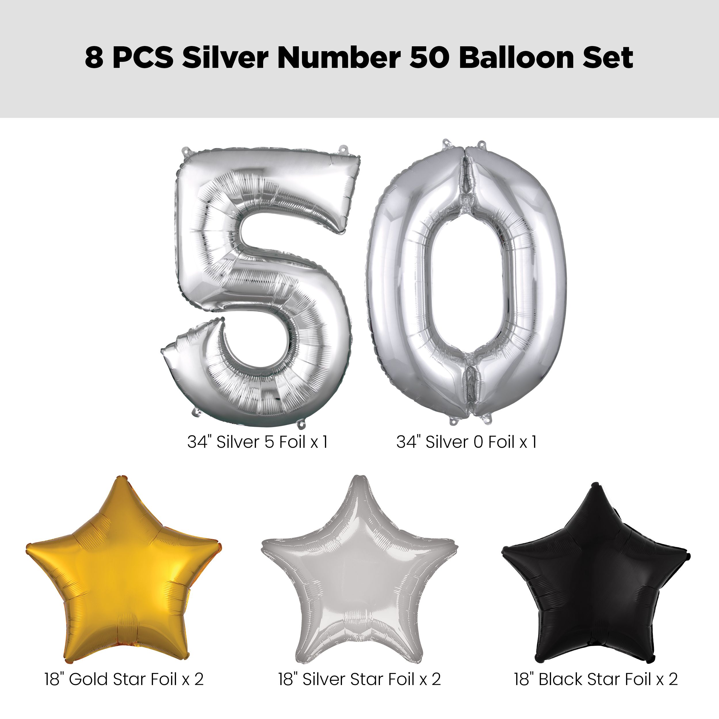 Number "50" Silver Balloon Bouquet with Star Foil Balloons, Silver/Black/Gold, 8-pk, Helium Inflation & Ribbon Included for Birthday/Anniversary Front_Flat