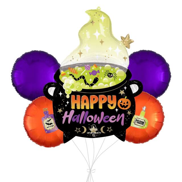 "Happy Halloween" Witches' Brew Cauldron Supershape Balloon Bouquet with Round Foil Balloons, Purple/Orange, 5-pk, Helium Inflation & Ribbon Included for Halloween Front_Flat