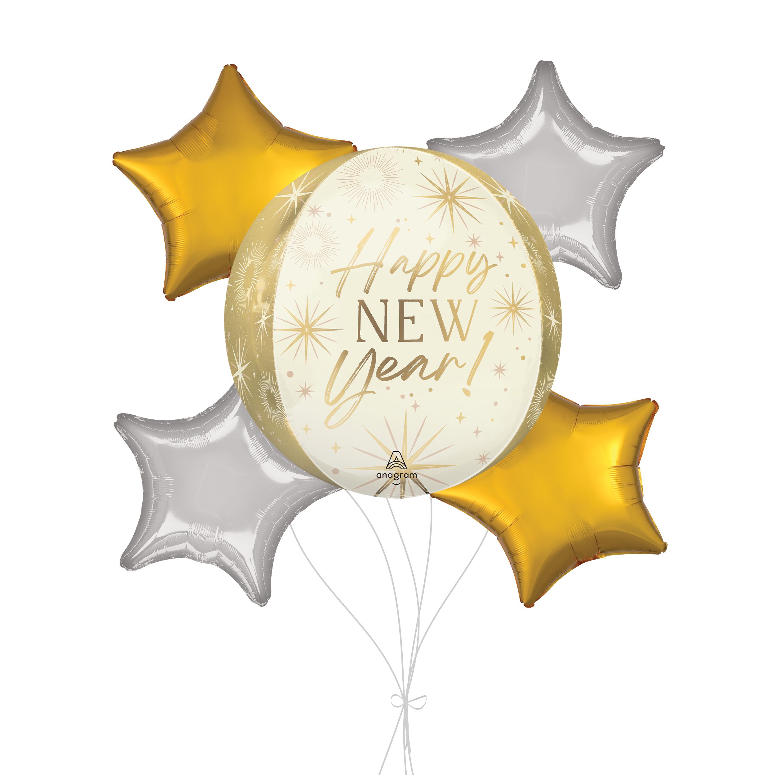"Happy New Year!" Golden Soiree Orbz Balloon Bouquet with Star Foil Balloons, Silver/Gold, 5-pk, Helium Inflation & Ribbon Included Front_Flat