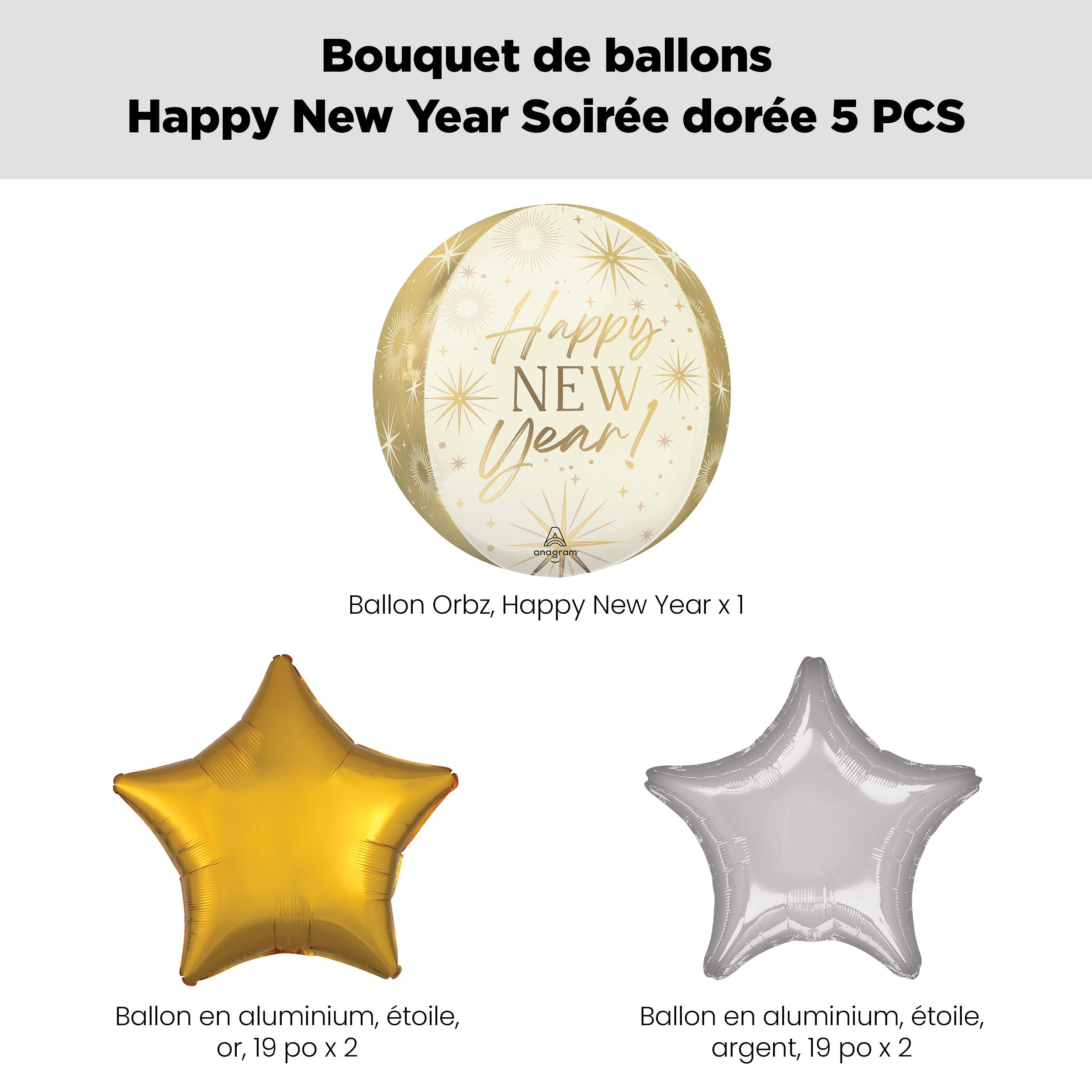 Happy New Year! Bouquet de ballons Orbz soirée en or avec ballons en aluminium en forme d'étoile, argenté/doré, paq. 5, gonflage à l'hélium et ruban inclus Front_Flat