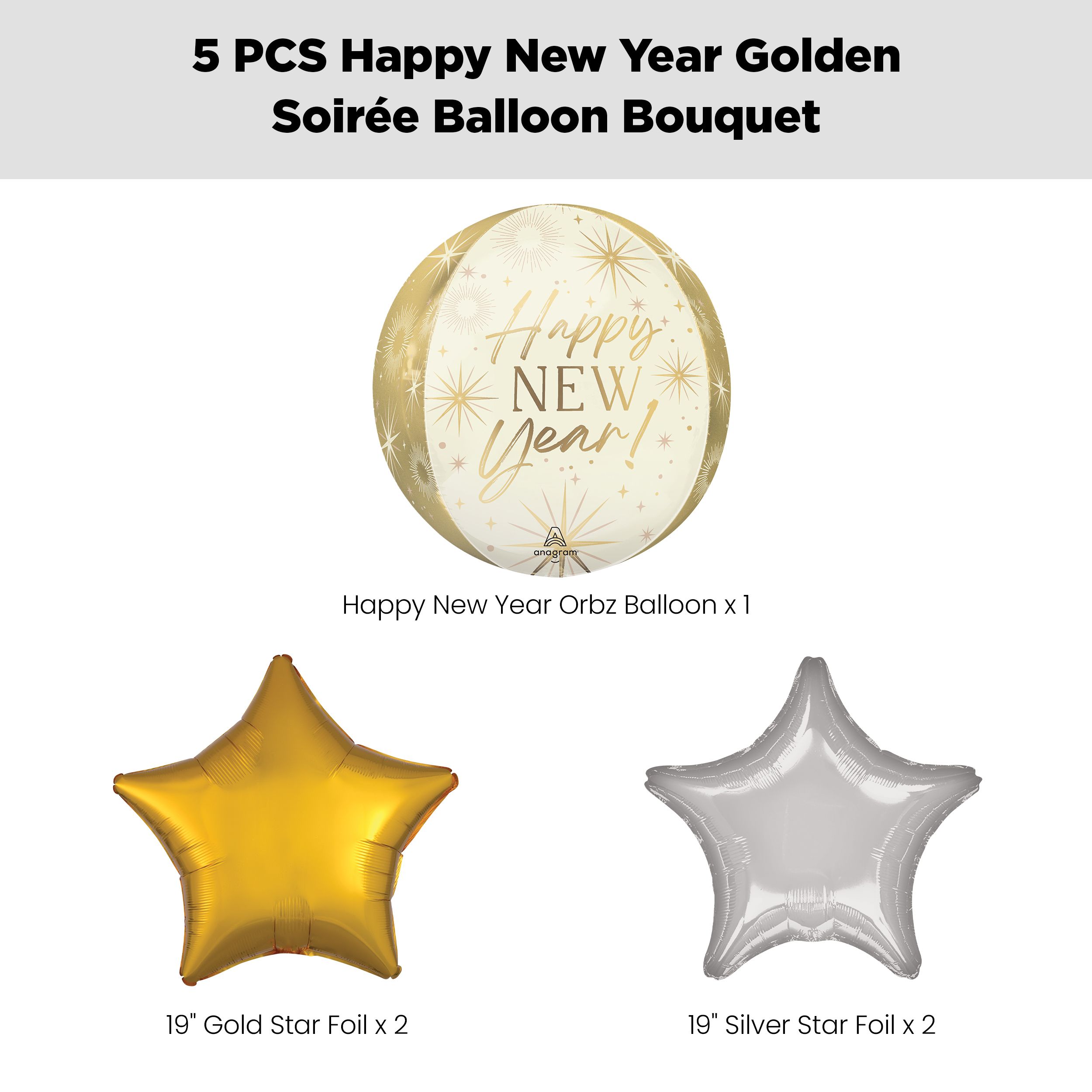"Happy New Year!" Golden Soiree Orbz Balloon Bouquet with Star Foil Balloons, Silver/Gold, 5-pk, Helium Inflation & Ribbon Included Front_Flat