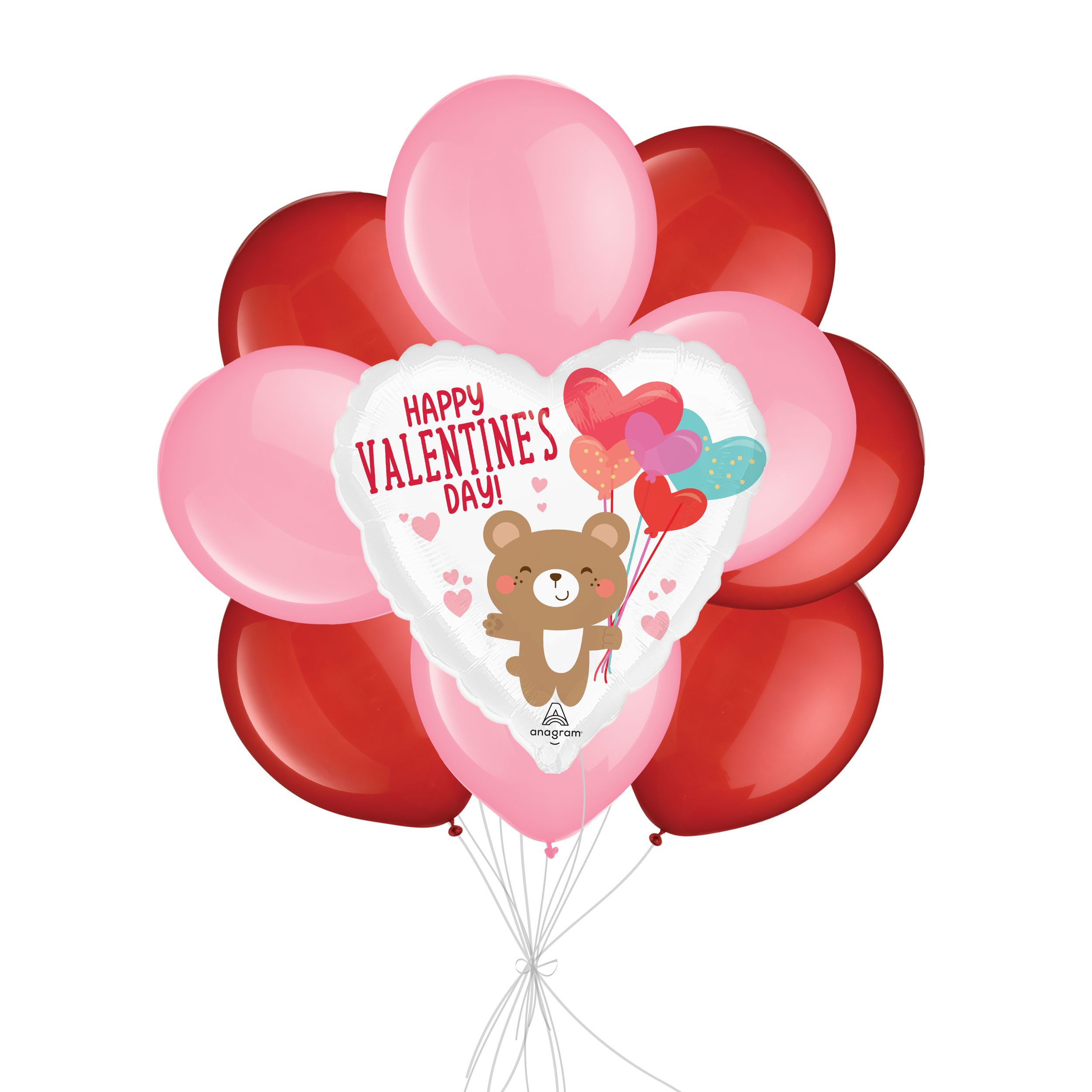 “Happy Valentine's Day!” Bear Hug Balloon Bouquet with Latex Balloons, Red/White, 10-pk, Helium Inflation & Ribbon Included Front_Flat
