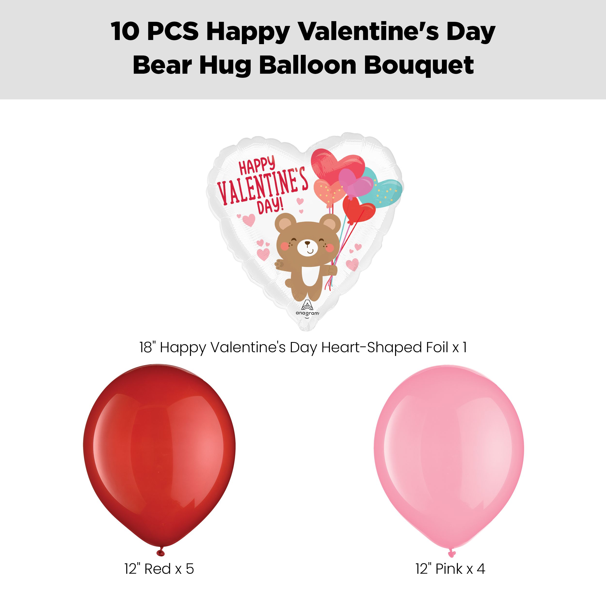 “Happy Valentine's Day!” Bear Hug Balloon Bouquet with Latex Balloons, Red/White, 10-pk, Helium Inflation & Ribbon Included Front_Flat