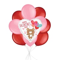 Bouquet de ballons câlin d'ours Happy Valentine's Day avec ballons en latex, rouge/blanc, paq. 10, gonflage à l'hélium et ruban inclus Front_Flat