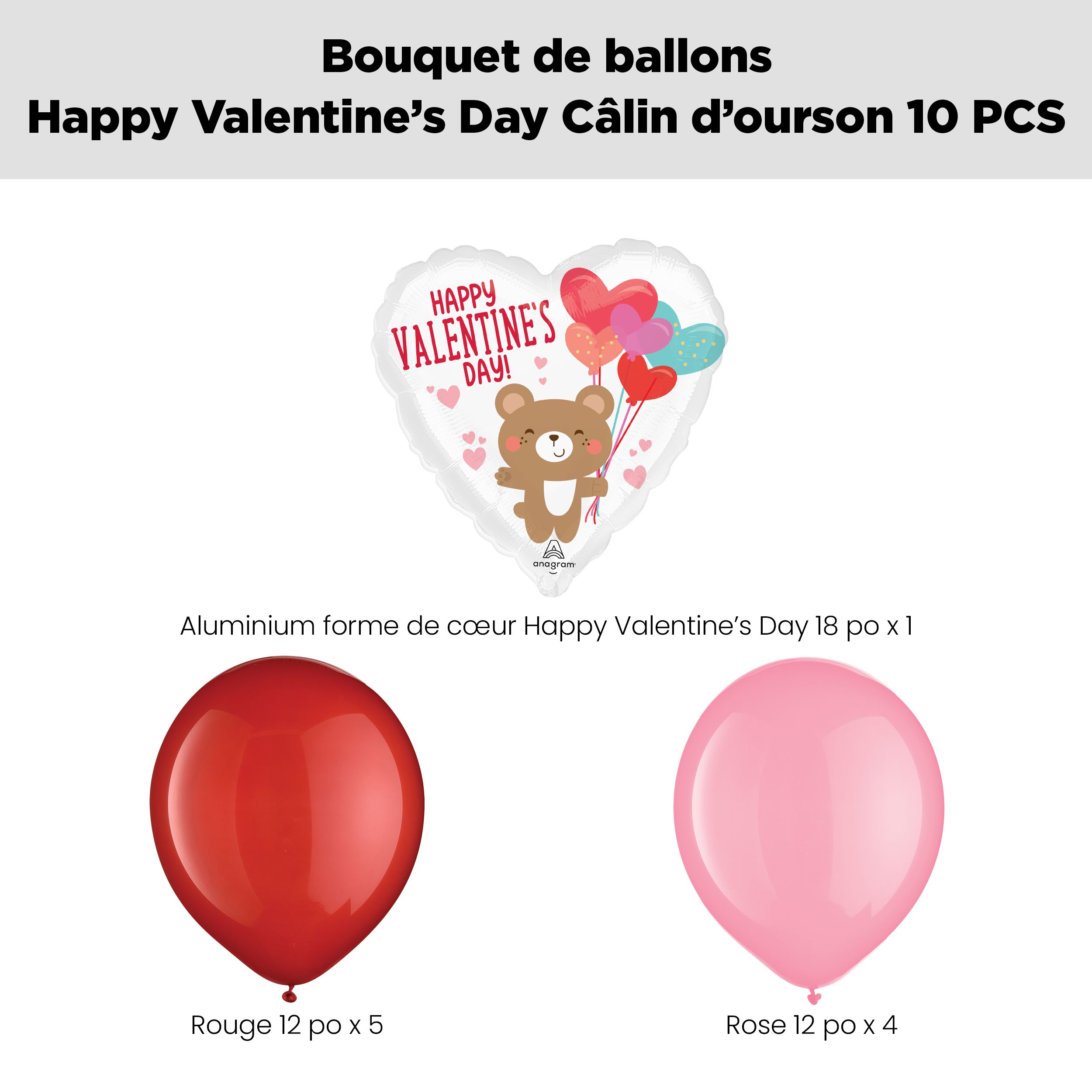 Bouquet de ballons câlin d'ours Happy Valentine's Day avec ballons en latex, rouge/blanc, paq. 10, gonflage à l'hélium et ruban inclus Front_Flat
