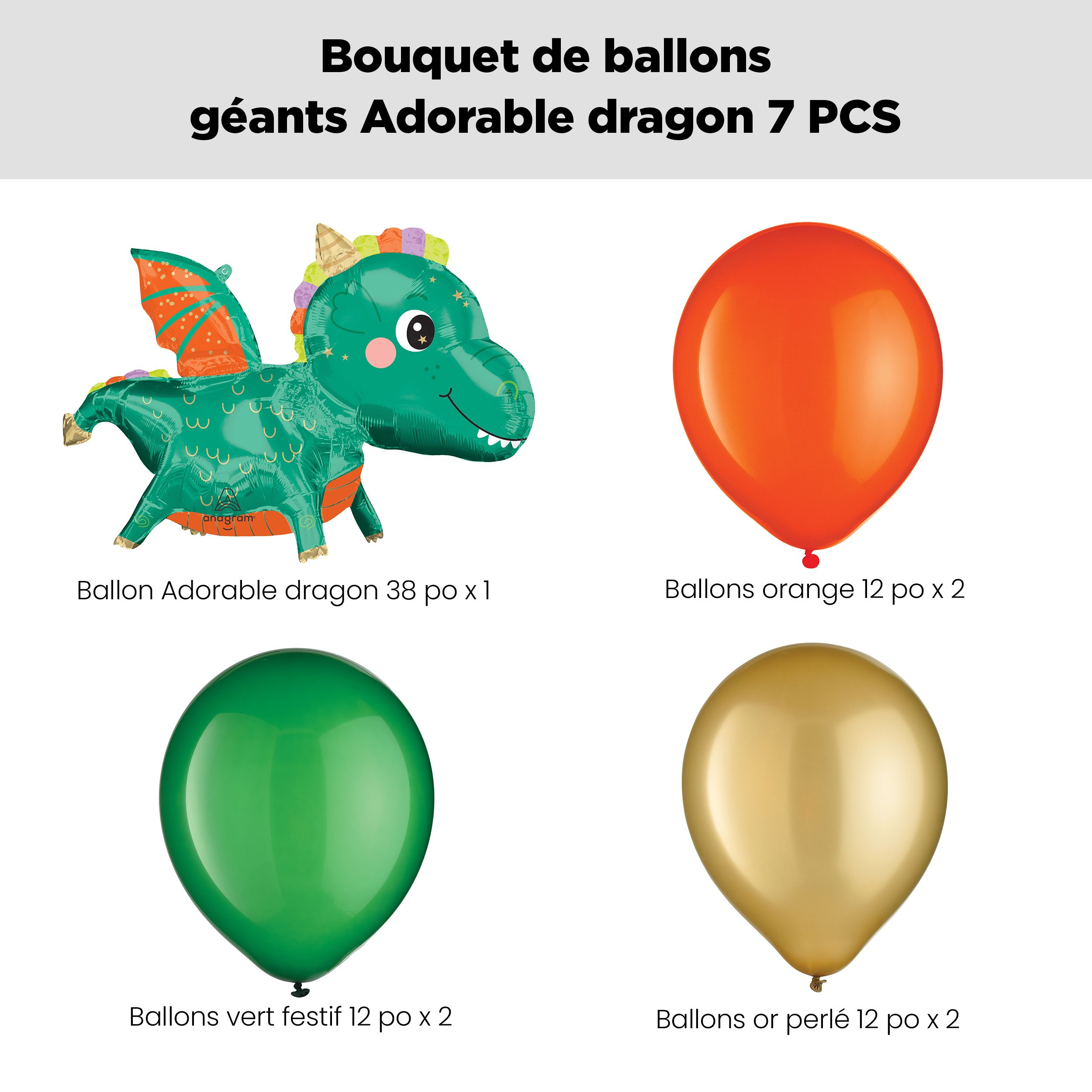Bouquet de ballons avec ballon Supershape en forme de dragon mignon et ballons en latex, orange, or et vert festif, paq. 7, gonflage à l’hélium et ruban compris Front_Flat