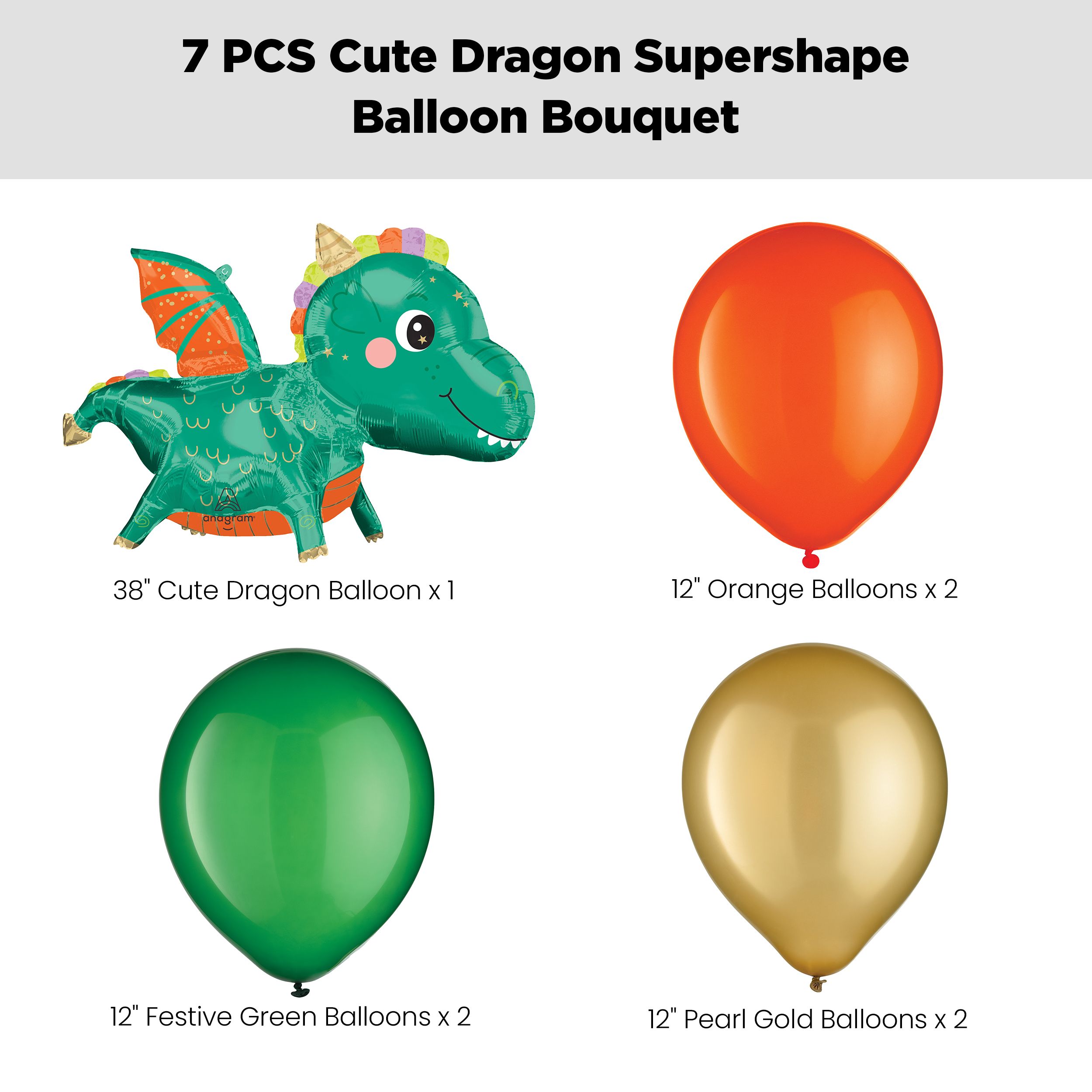 Cute Dragon Supershape Balloon Bouquet with Latex Balloons, Orange/Gold/Festive Green, 7-pk, Helium Inflation & Ribbon Included Front_Flat