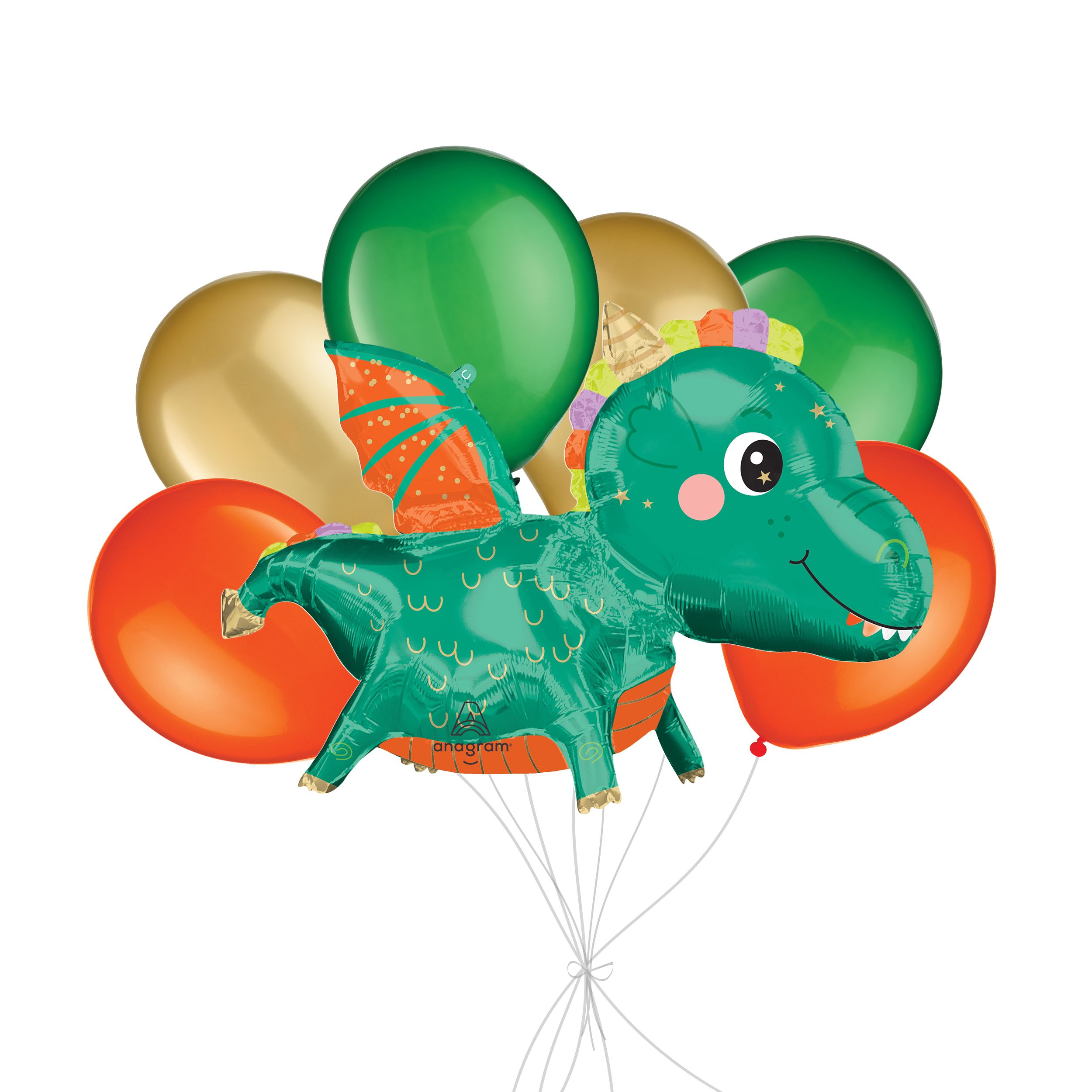 Cute Dragon Supershape Balloon Bouquet with Latex Balloons, Orange/Gold/Festive Green, 7-pk, Helium Inflation & Ribbon Included Front_Flat