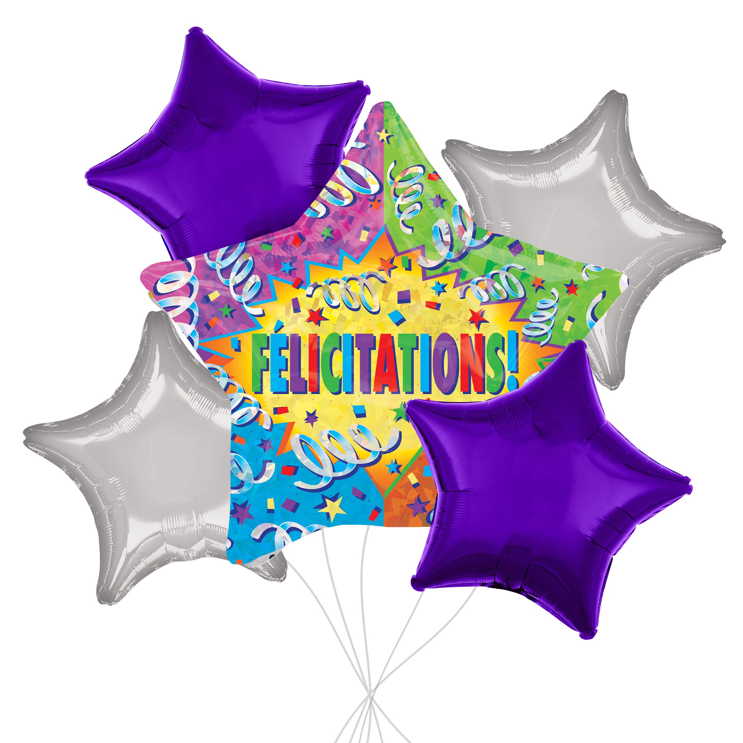 Bouquet de ballons géants métalliques satinés Félicitations avec ballons métalliques étoilés, multicolore, paq. 5, gonflage à l’hélium et ruban inclus Front_Flat