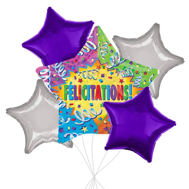 Bouquet de ballons géants métalliques satinés Félicitations avec ballons métalliques étoilés, multicolore, paq. 5, gonflage à l’hélium et ruban inclus Front_Flat