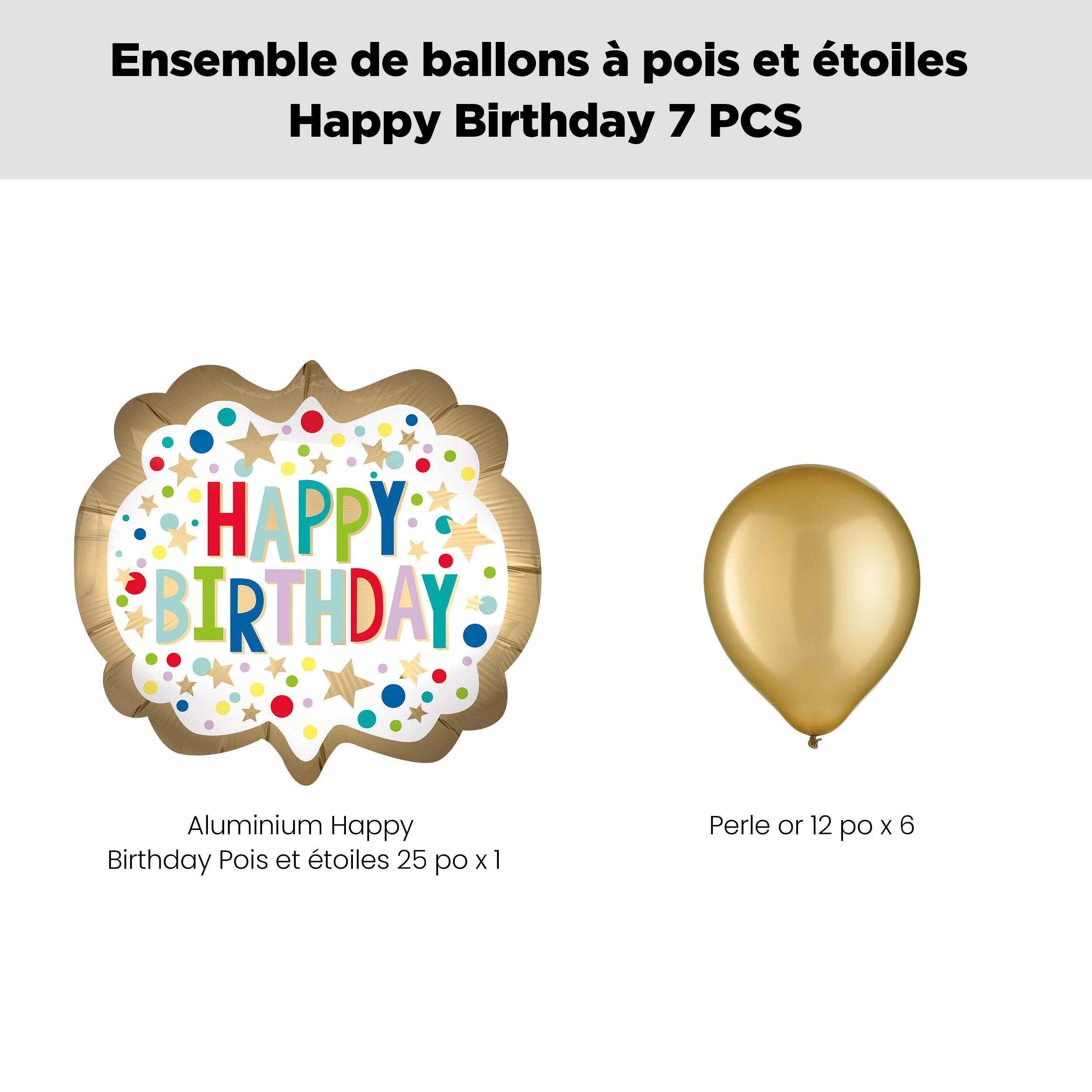 Bouquet de ballons forme super à pois et étoiles Happy Birthday avec ballons en latex, dorés, paq. 7, gonflage à l'hélium et ruban inclus Front_Flat