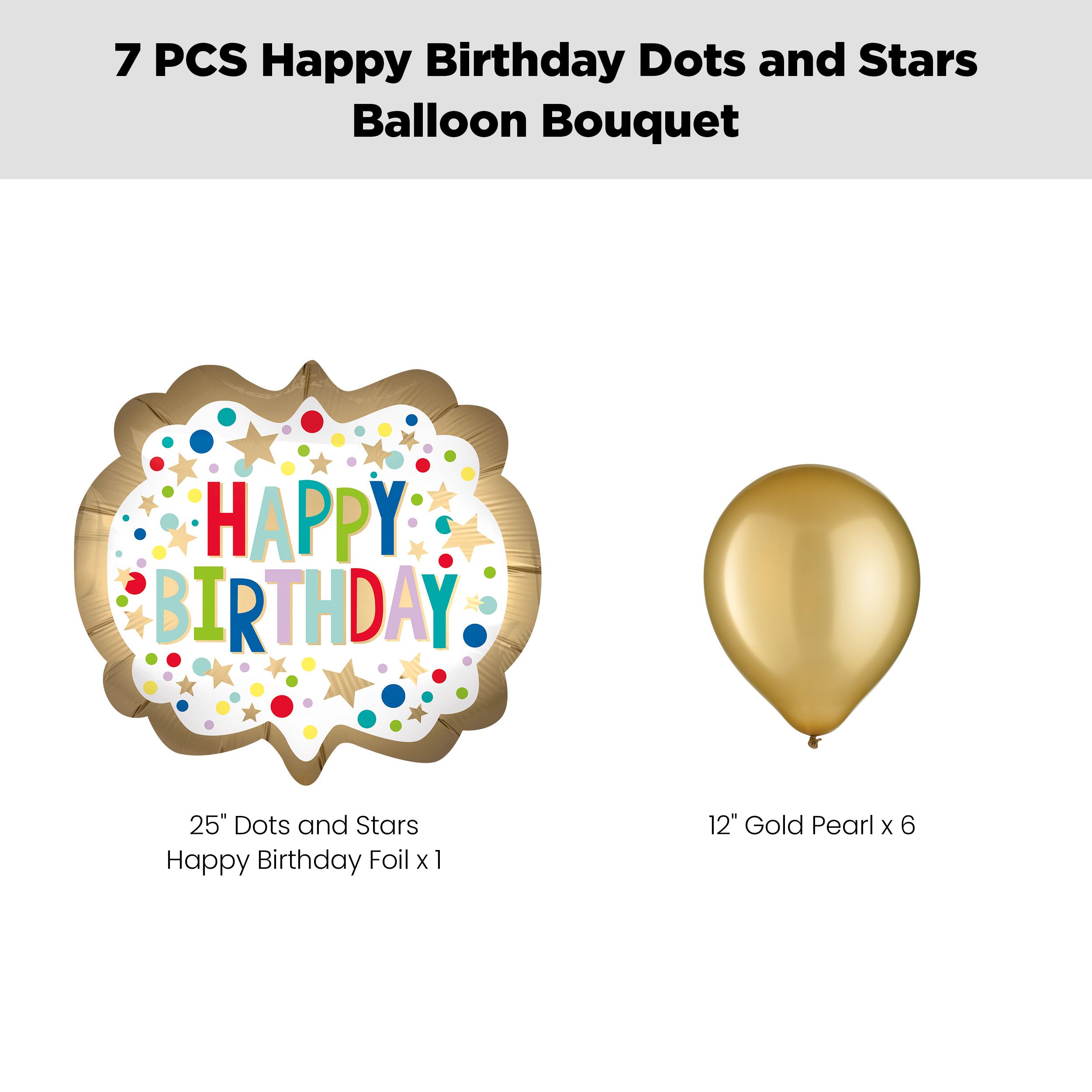 "Happy Birthday" Dots and Stars Supershape Balloon Bouquet with Latex Balloons, Gold, 7-pk, Helium Inflation & Ribbon Included Front_Flat