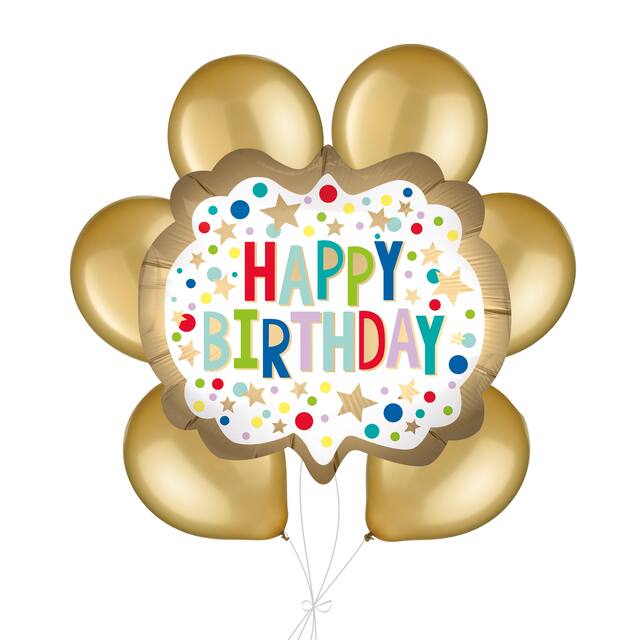 "Happy Birthday" Dots and Stars Supershape Balloon Bouquet with Latex Balloons, Gold, 7-pk, Helium Inflation & Ribbon Included Front_Flat