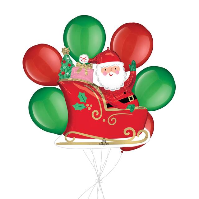Starry Night Santa Supershape Balloon Bouquet with Latex Balloons, Red/Festival Green, 7-pk, Helium Inflation & Ribbon Included Front_Flat