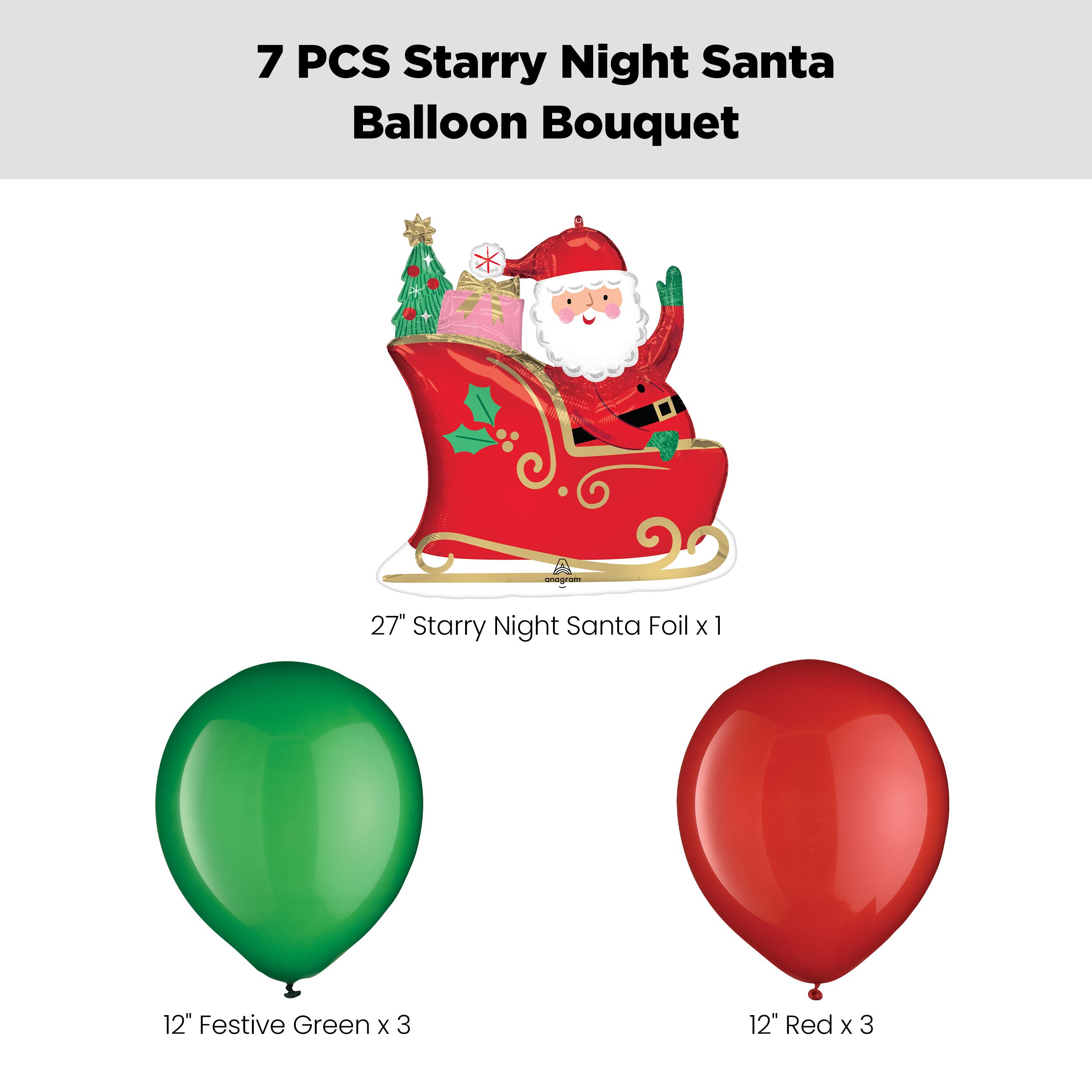 Starry Night Santa Supershape Balloon Bouquet with Latex Balloons, Red/Festival Green, 7-pk, Helium Inflation & Ribbon Included Front_Flat