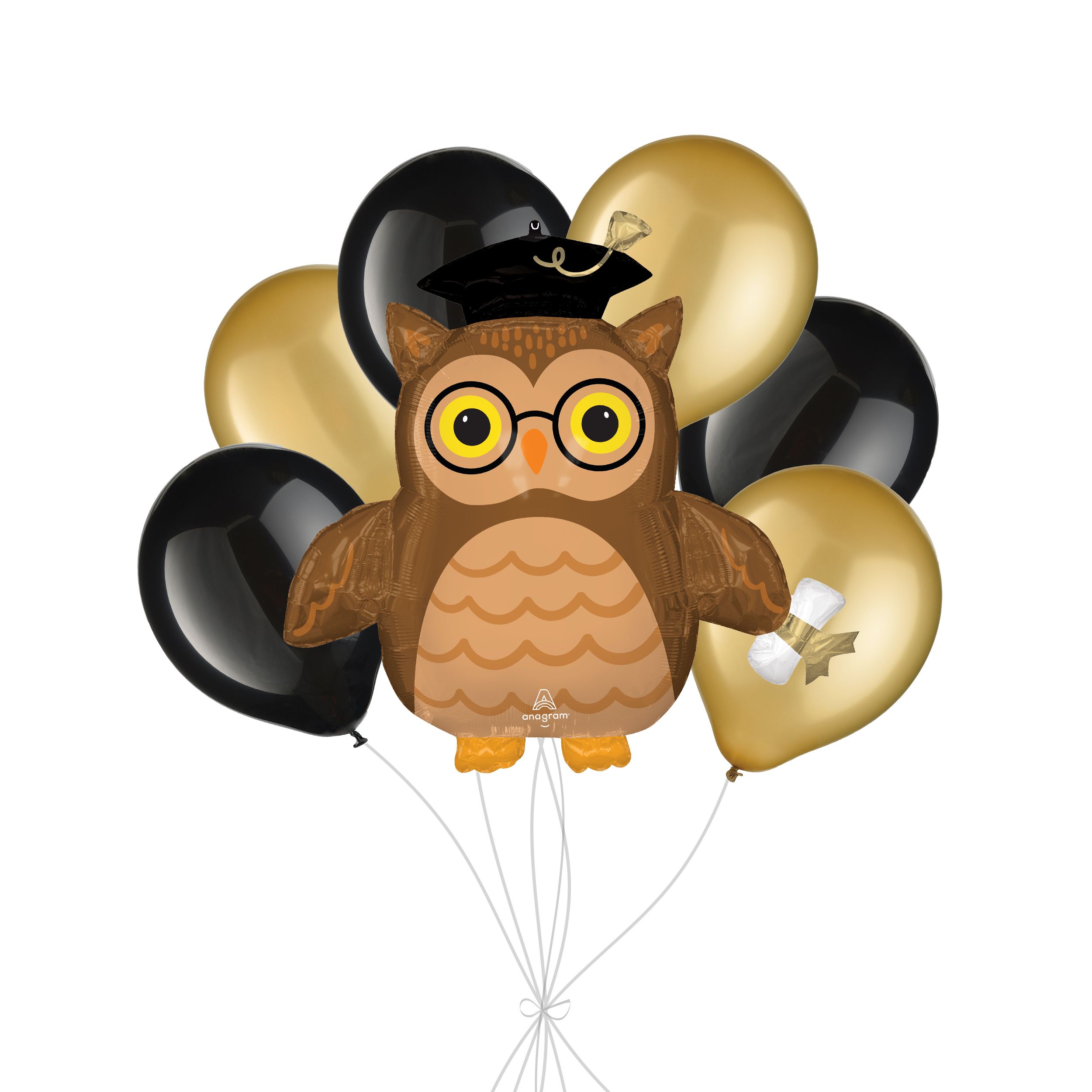 Bouquet de ballons en forme super hibou sage de graduation avec ballons en latex noirs et dorés, paq. 7, gonflage à l’hélium et ruban inclus Front_Flat