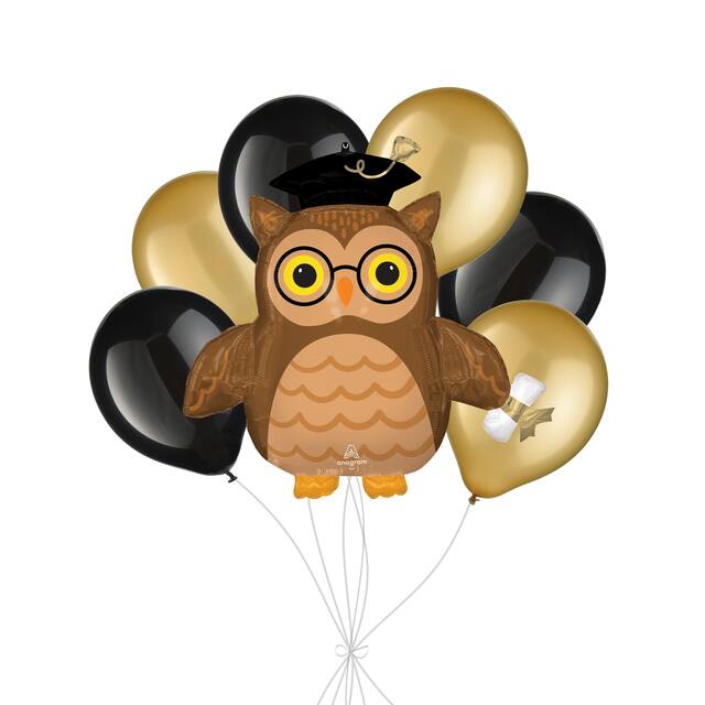 Graduate Wise Owl Supershape Balloon Bouquet with Latex Balloons, Black/Gold, 7-pk, Helium Inflation & Ribbon Included Front_Flat