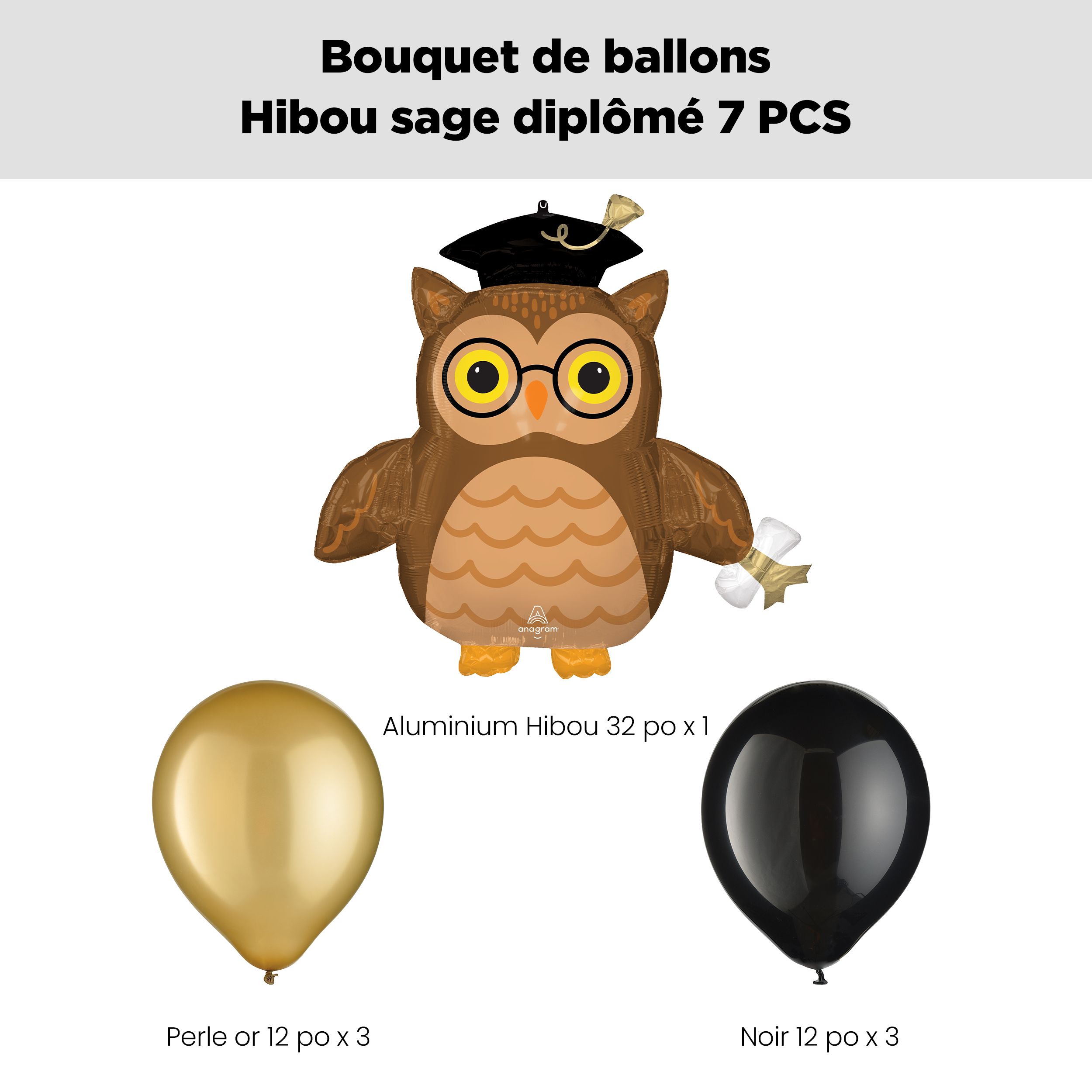 Bouquet de ballons en forme super hibou sage de graduation avec ballons en latex noirs et dorés, paq. 7, gonflage à l’hélium et ruban inclus Front_Flat