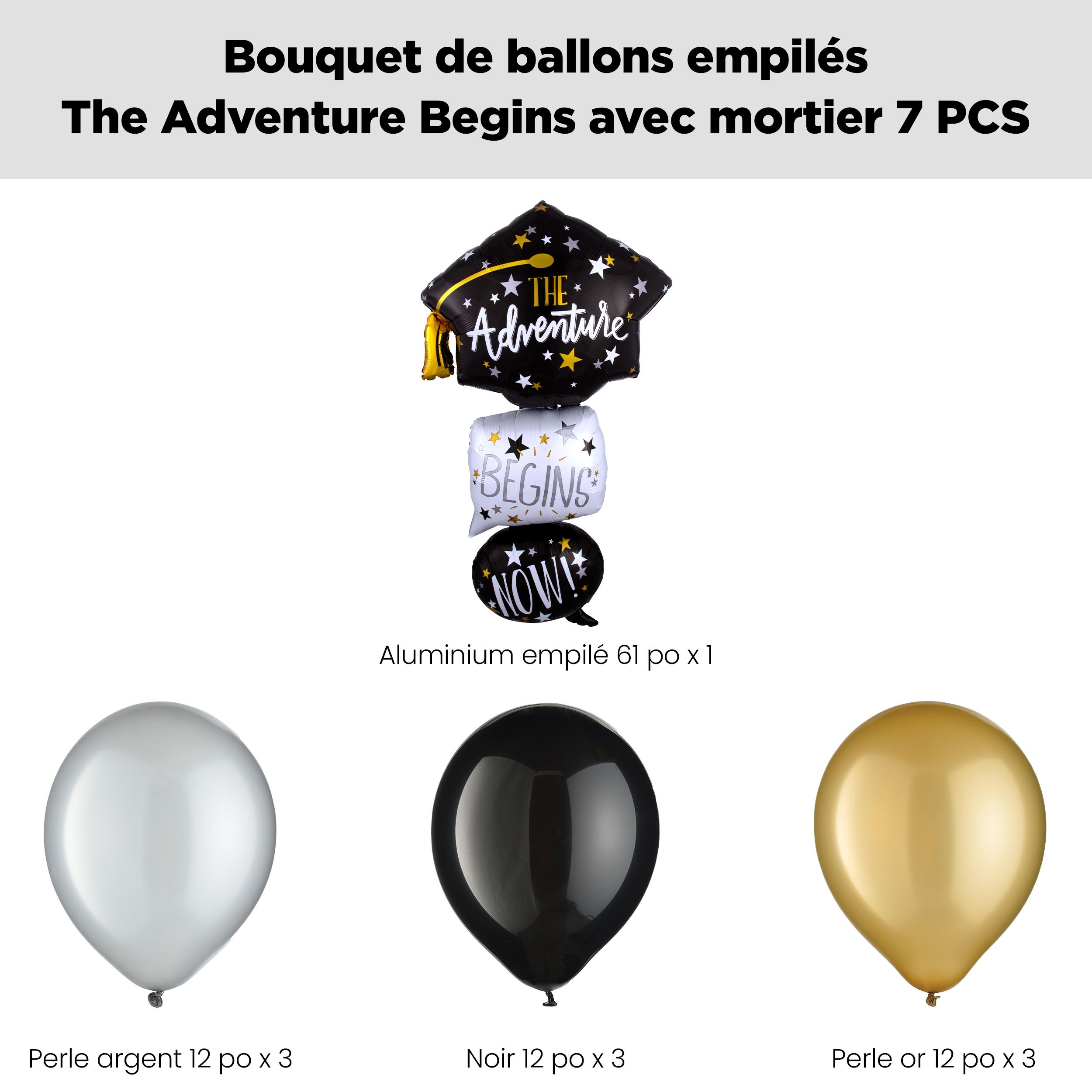 Bouquet de ballons superposé mortier «&nbsp;The Adventure Begins Now&nbsp;» avec ballons en latex noirs, dorés et argentés, paq.&nbsp;7, gonflage à l’hélium et ruban inclus Front_Flat