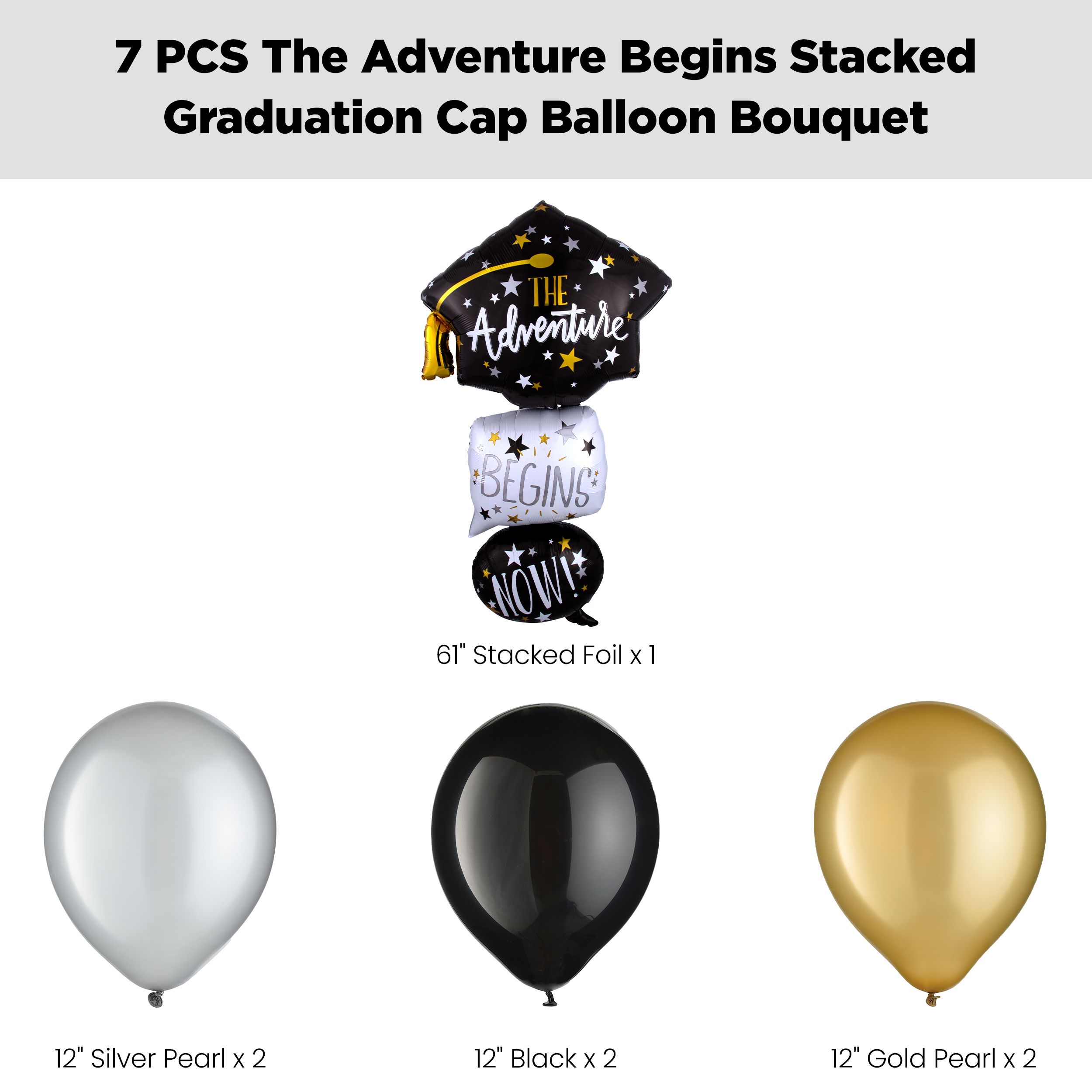 "The Adventure Begins Now" Stacked Graduation Cap Supershape Balloon Bouquet with Latex Balloons, Black/Gold/Silver, 7-pk, Helium Inflation & Ribbon Included Front_Flat